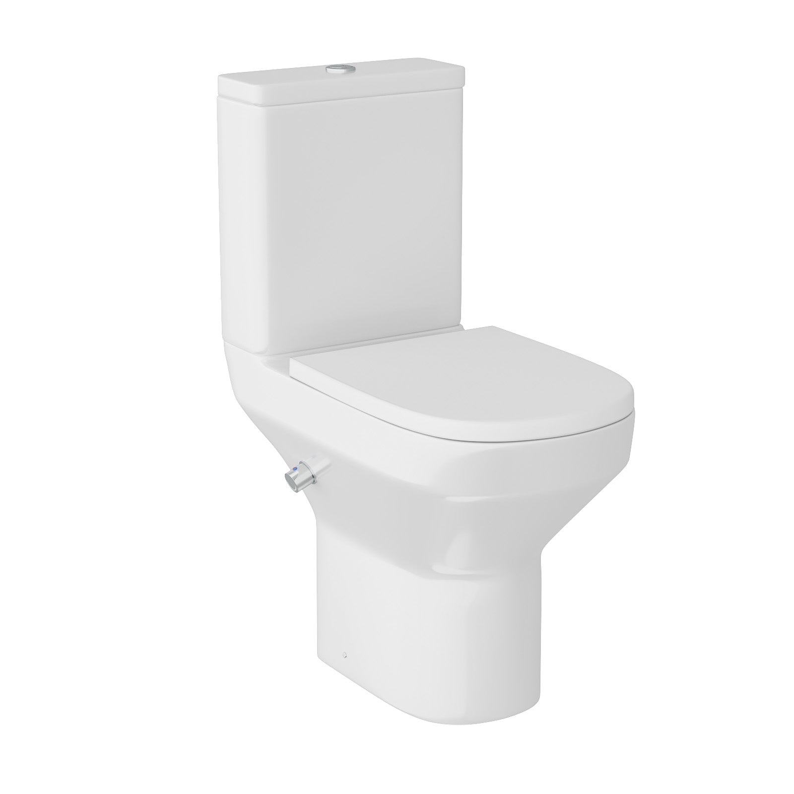 Rimless Comfort Height Close Coupled Toilet Pan With Integrated Hot Cold Bidet Valve