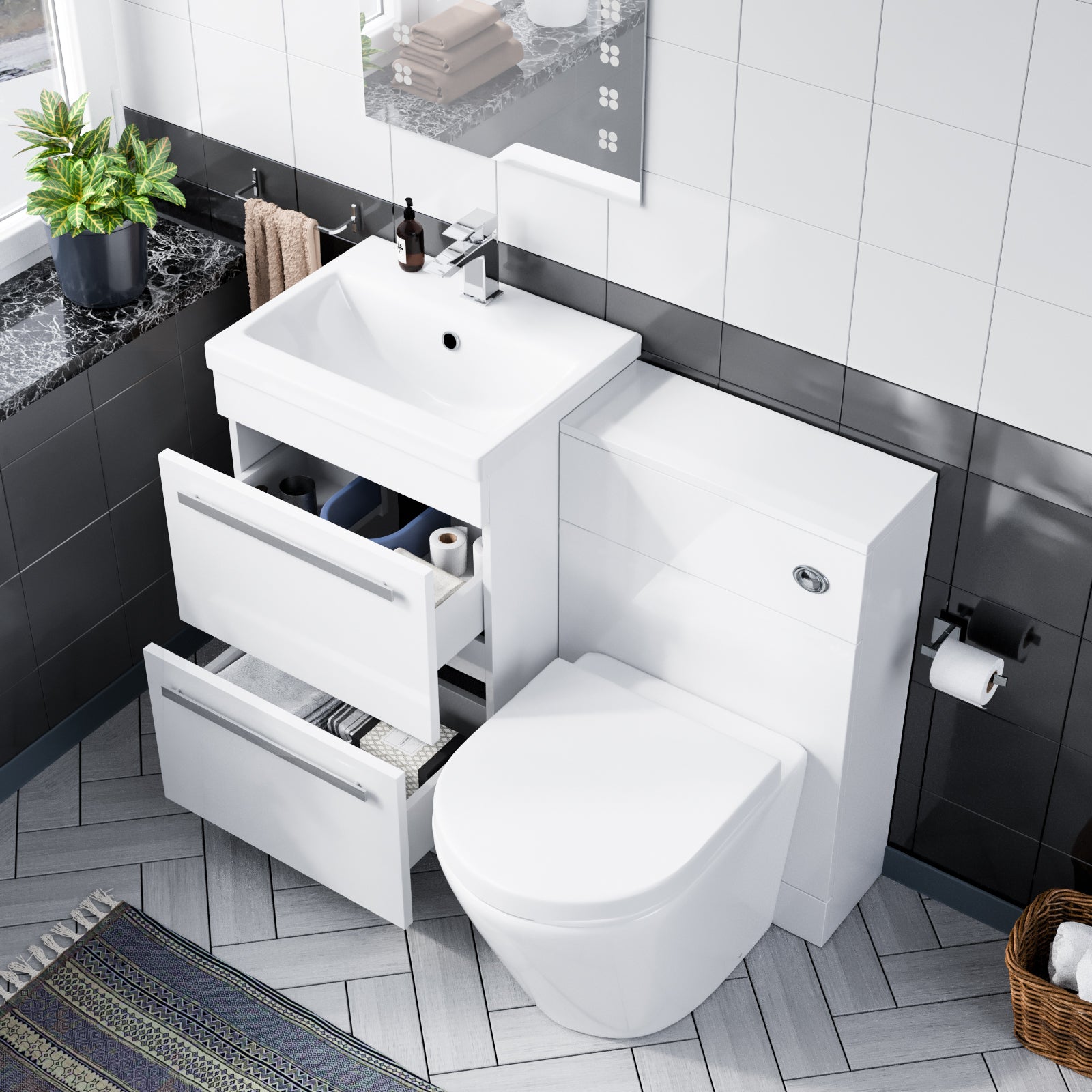 1000mm Floor Standing Vanity 2 Drawer Gloss White With BTW Rimless Toilet