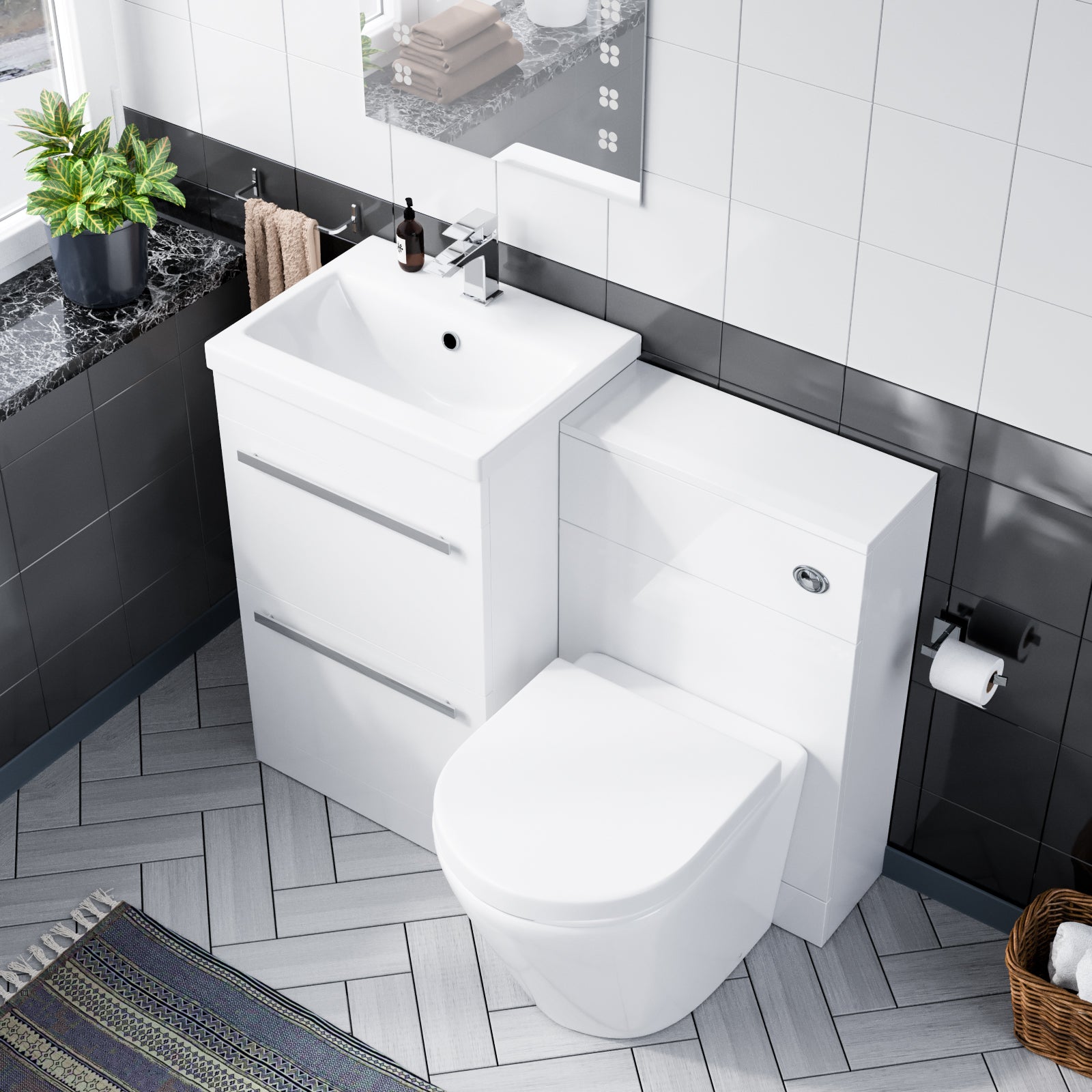 1000mm Floor Standing Vanity 2 Drawer Gloss White With BTW Rimless Toilet