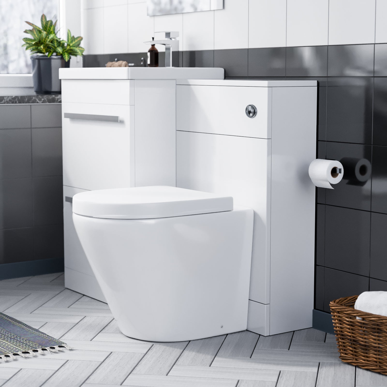 1000mm Floor Standing Vanity 2 Drawer Gloss White With BTW Rimless Toilet