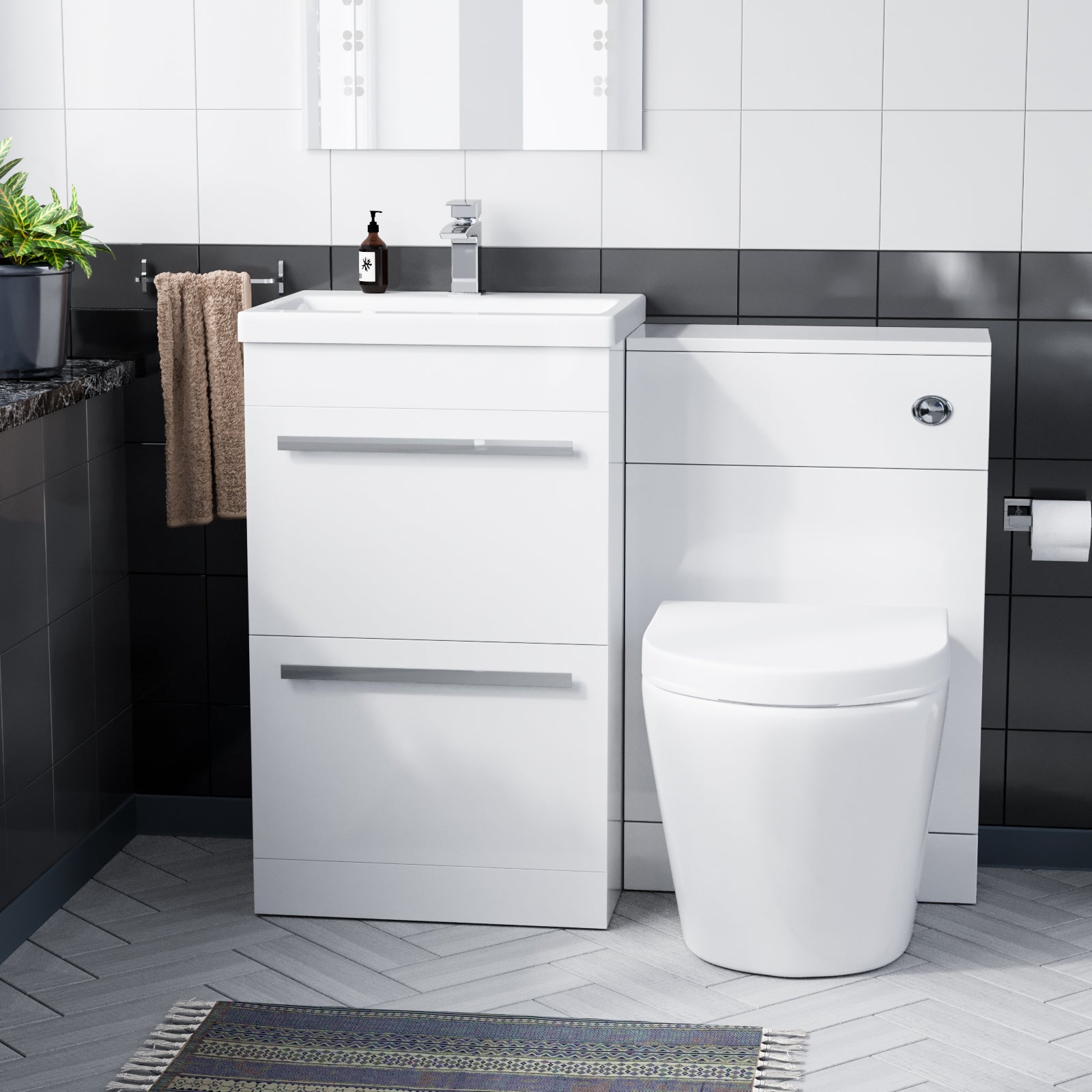 1000mm Floor Standing Vanity 2 Drawer Gloss White With BTW Rimless Toilet