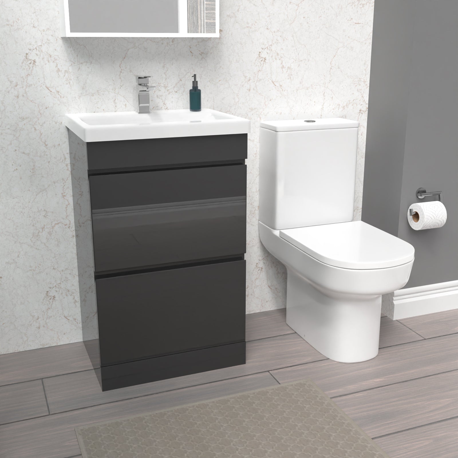 Alaska 500mm Anthracite 2 Drawers Basin Vanity  & Rimless Close Couple Toilet