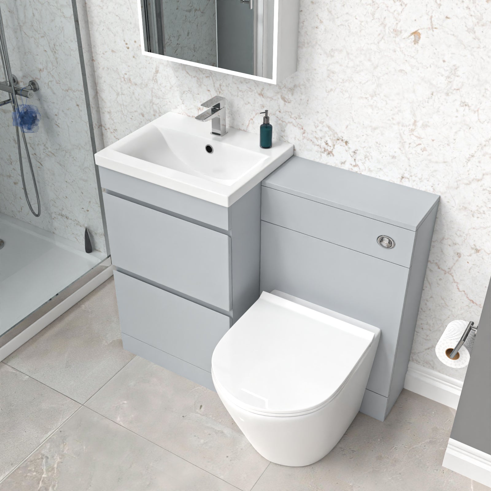 Alaska Matte Grey 500mm 2 Drawers Vanity, WC Unit & White Round BTW Toilet