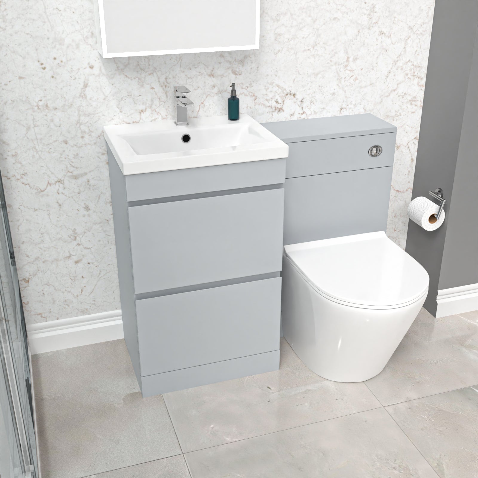 Alaska Matte Grey 500mm 2 Drawers Vanity, WC Unit & White Round BTW Toilet