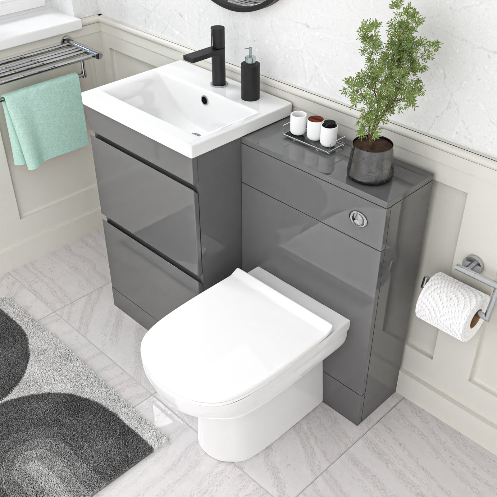 Alaska Grey Freestanding 500mm Vanity Unit 2 Drawers WC Unit & BTW Toilet
