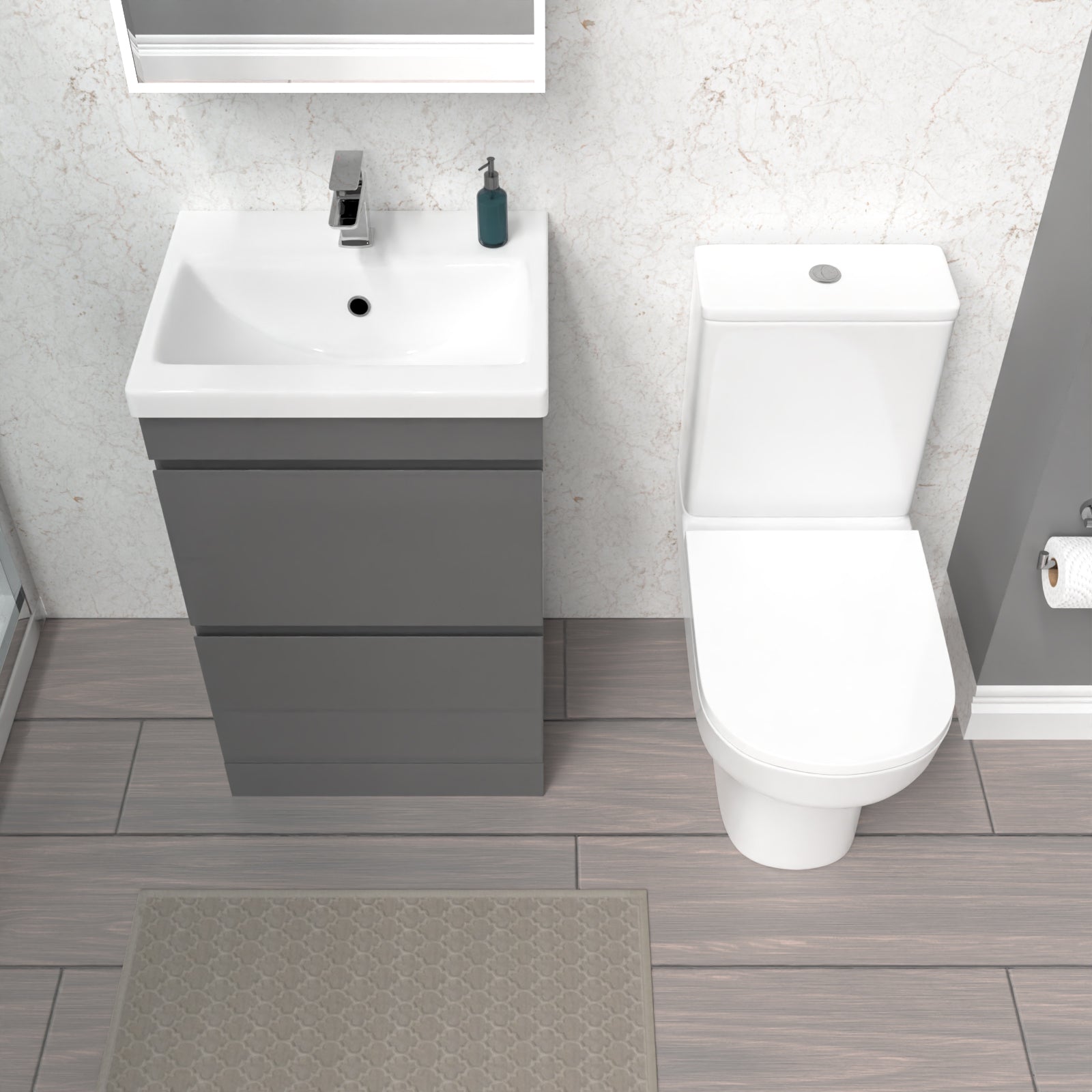 Alaska 500mm Steel Grey 2 Drawers Basin Vanity  & Rimless Close Couple Toilet