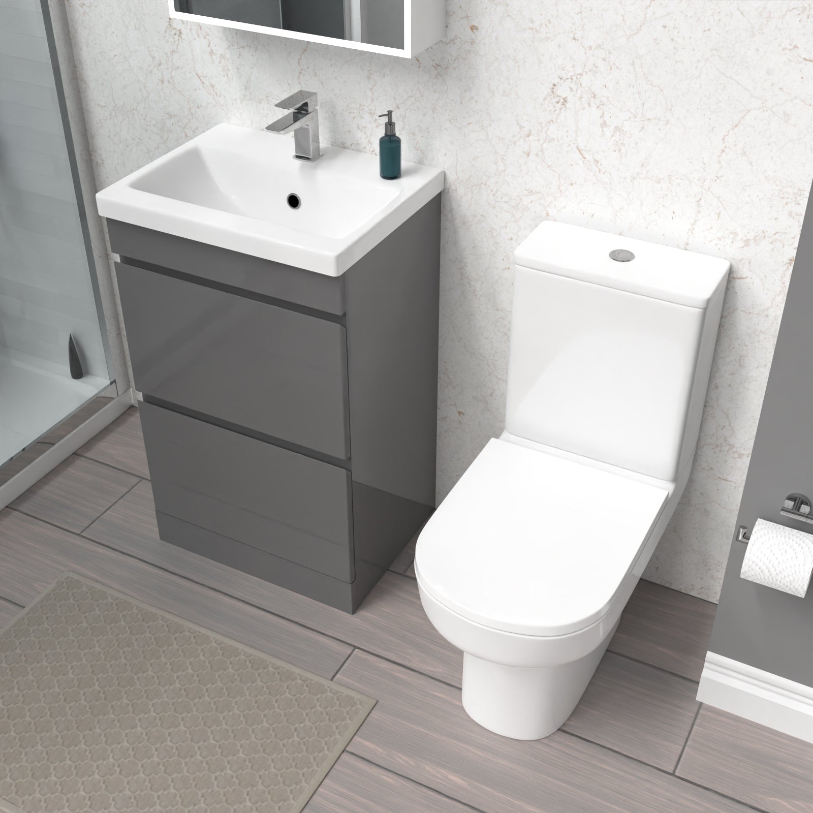 Alaska 500mm Steel Grey 2 Drawers Basin Vanity  & Rimless Close Couple Toilet