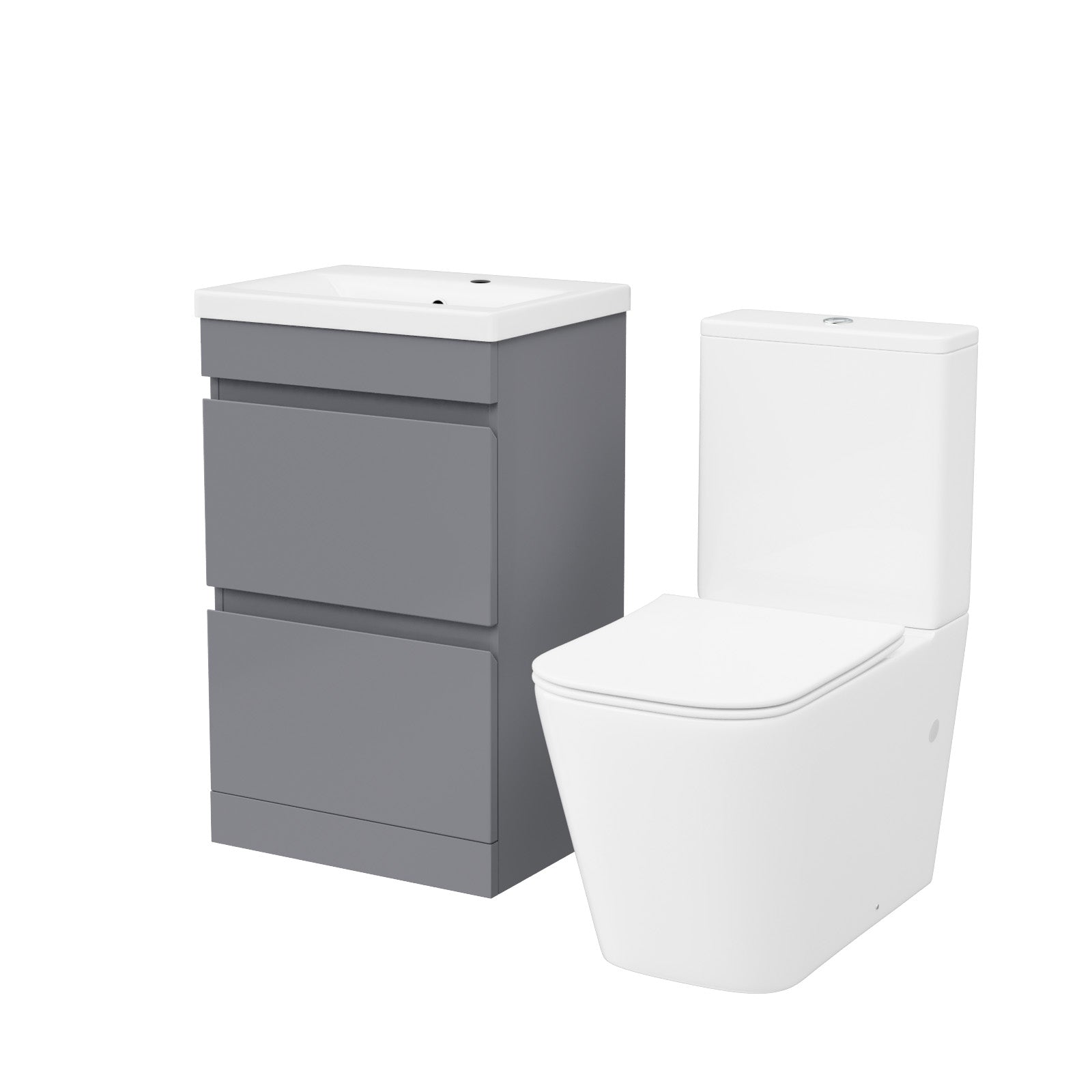 Bathroom gray vanity unit with sink and white toilet 