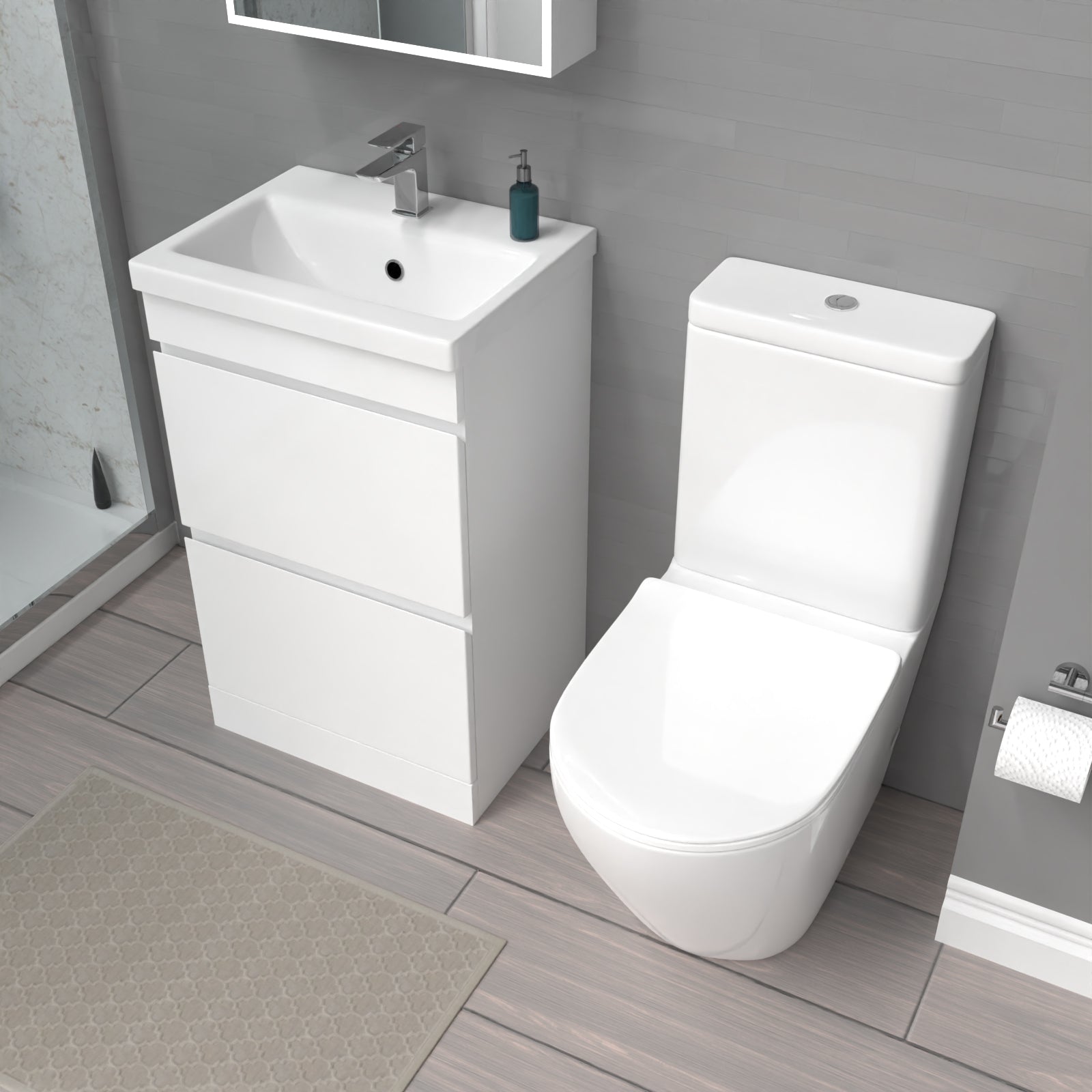 Alaska 500mm 2 Drawers White Basin Vanity & Rimless Close Coupled Toilet