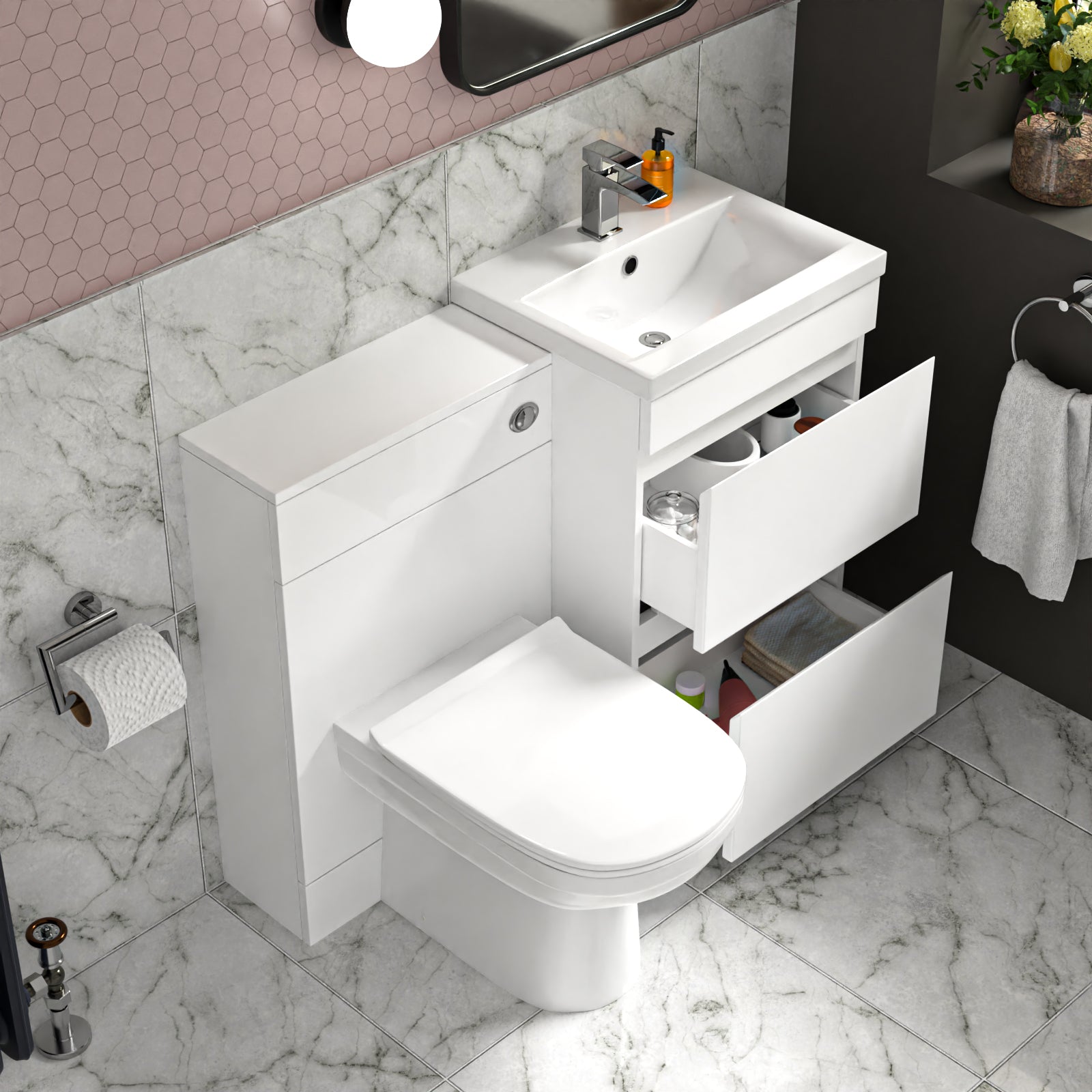Alaska White Floor Standing 500mm Vanity Unit 2 Drawers, WC Unit & BTW Toilet