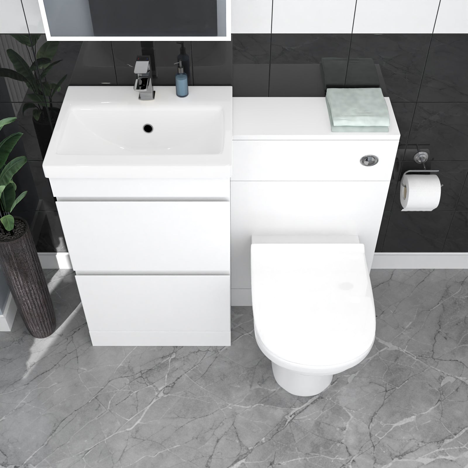 White Floor Standing 500mm Vanity Unit 2 Drawers, WC Unit & BTW Toilet