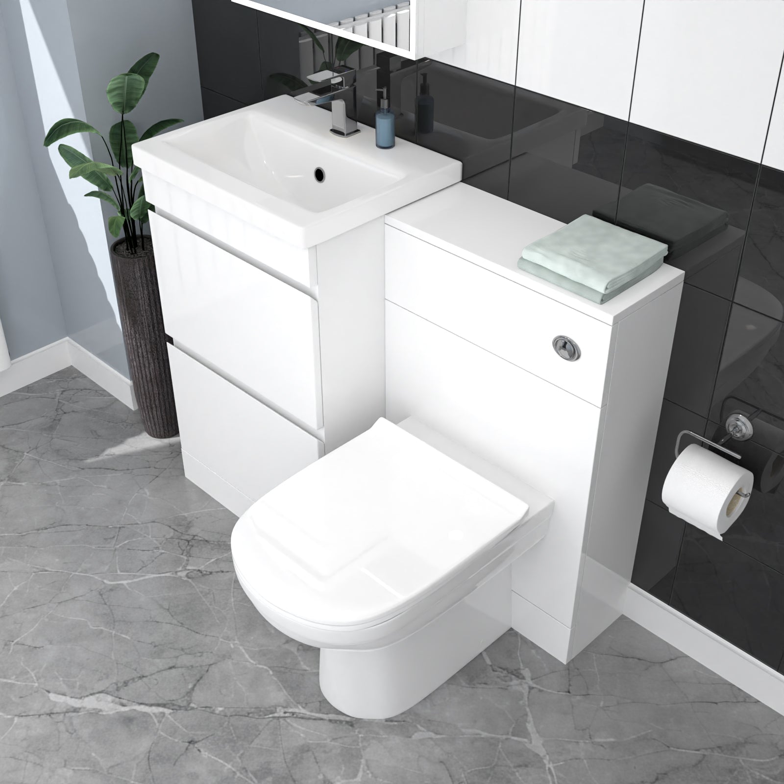 White Floor Standing 500mm Vanity Unit 2 Drawers, WC Unit & BTW Toilet