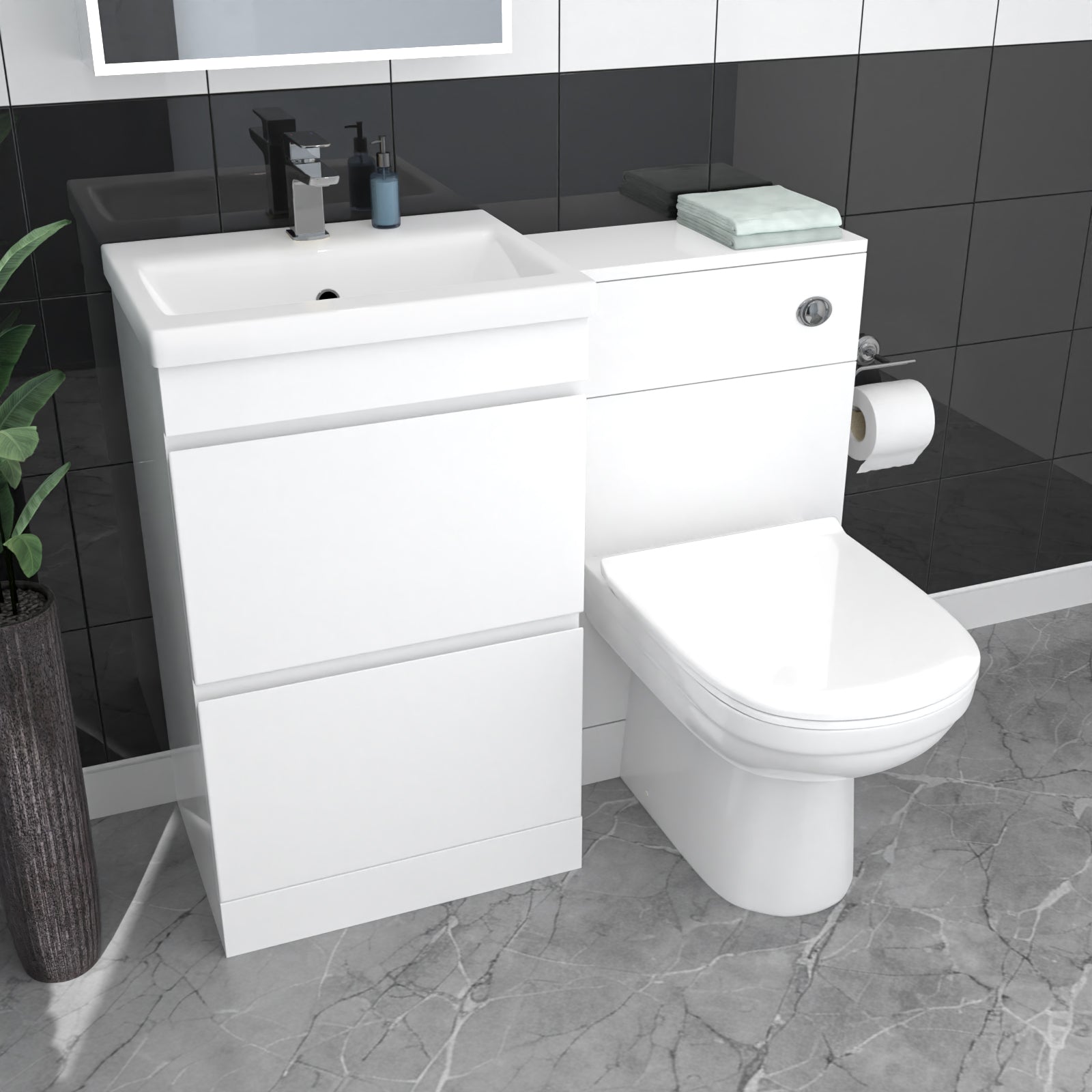 White Floor Standing 500mm Vanity Unit 2 Drawers, WC Unit & BTW Toilet