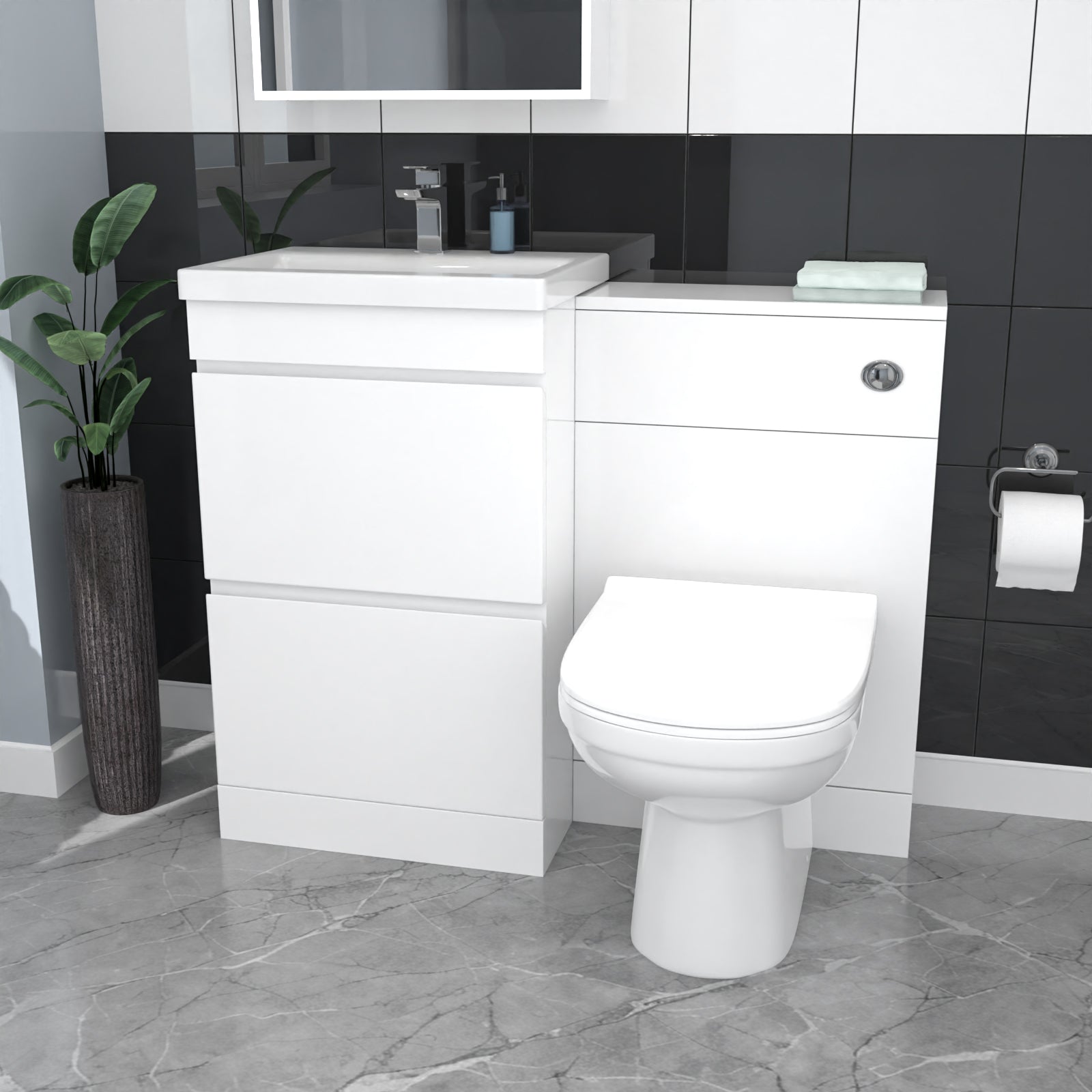 White Floor Standing 500mm Vanity Unit 2 Drawers, WC Unit & BTW Toilet