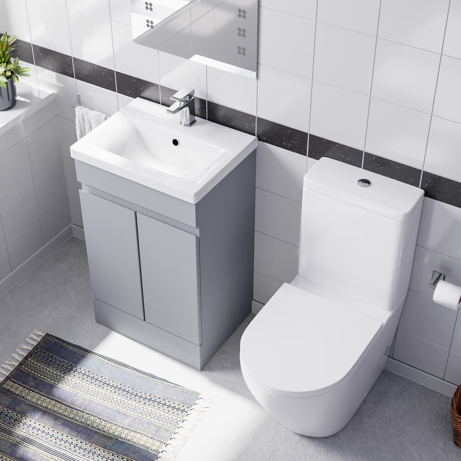 Alaska Mate Grey 500mm Basin Vanity Unit & Rimless Close Coupled Toilet Set