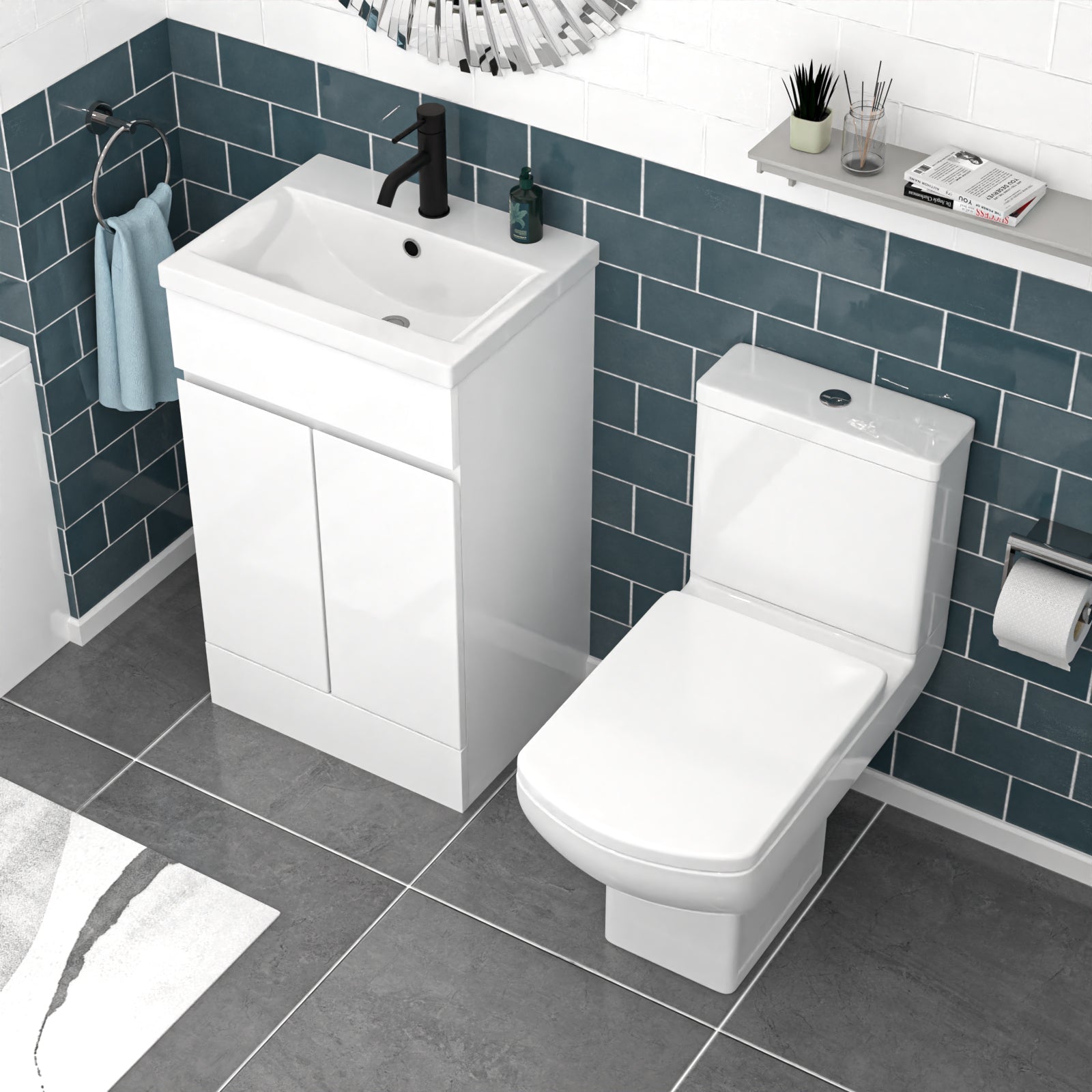Alaska 500mm Handleless White Basin Vanity Square Rimless Close Coupled Toilet