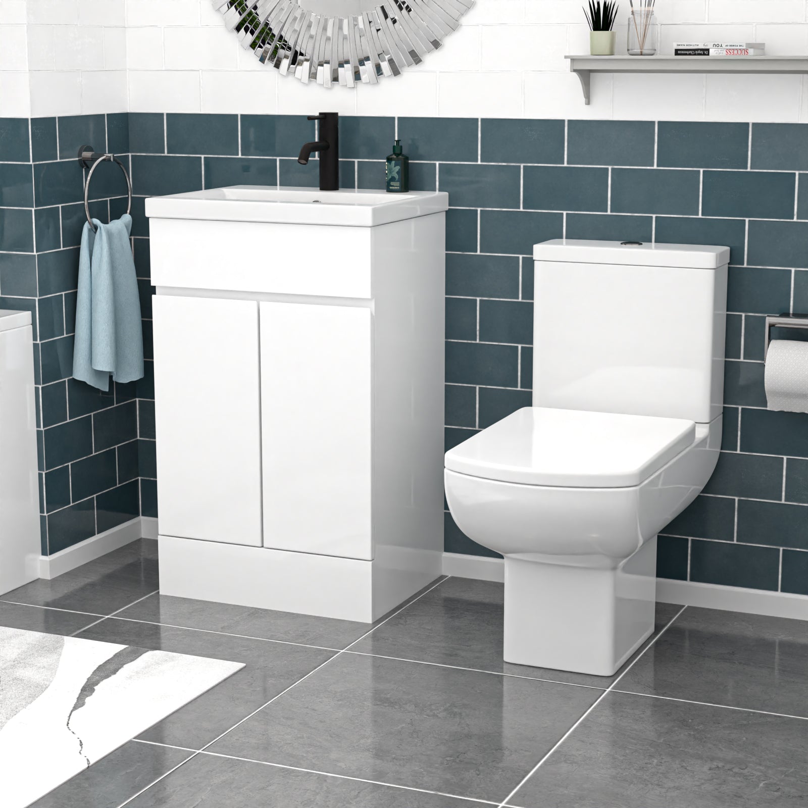 Alaska 500mm Handleless White Vanity, Rimless Square Toilet And Bath