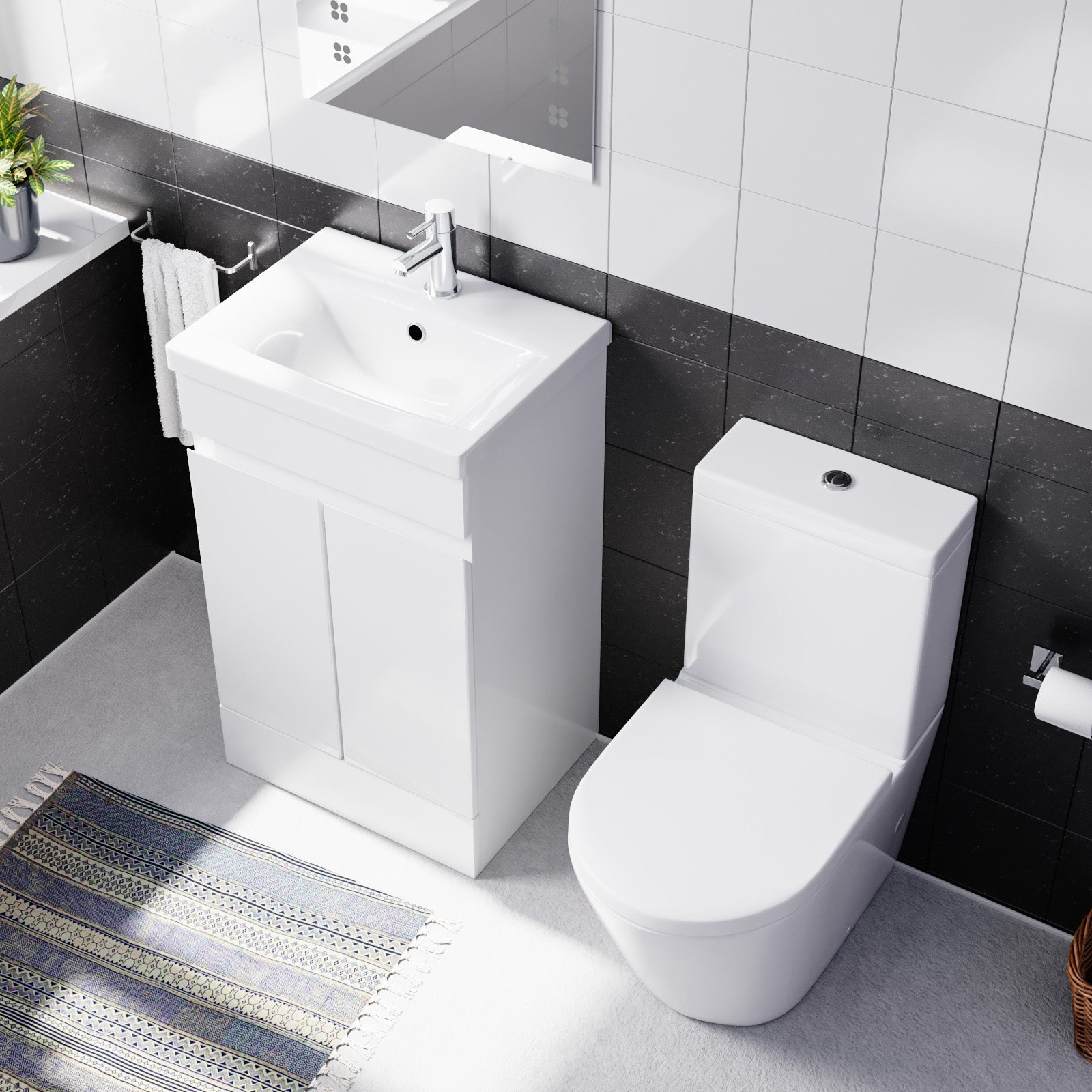 Alaska 500mm Gloss White Freestanding Basin Vanity & Close Coupled Rimless Toilet Set