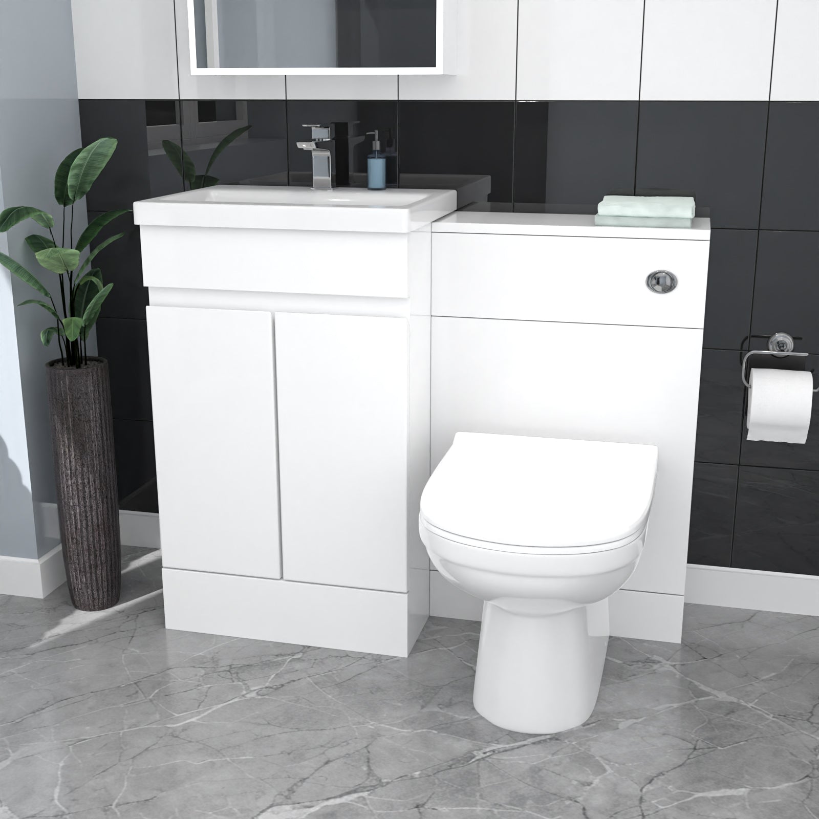 White Floor Standing 500mm Vanity Unit 2 Door with WC Unit & BTW Toilet