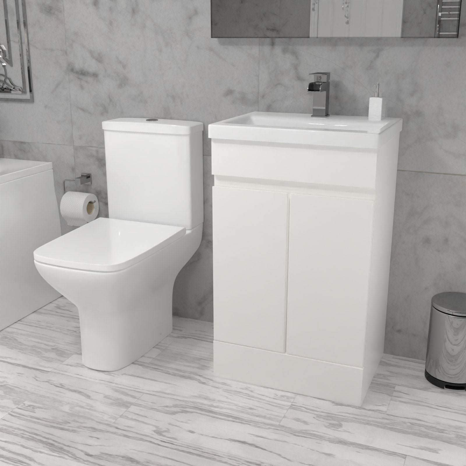 Alaska 500mm Gloss White Freestanding Basin Vanity & Rimless Close Coupled Toilet White