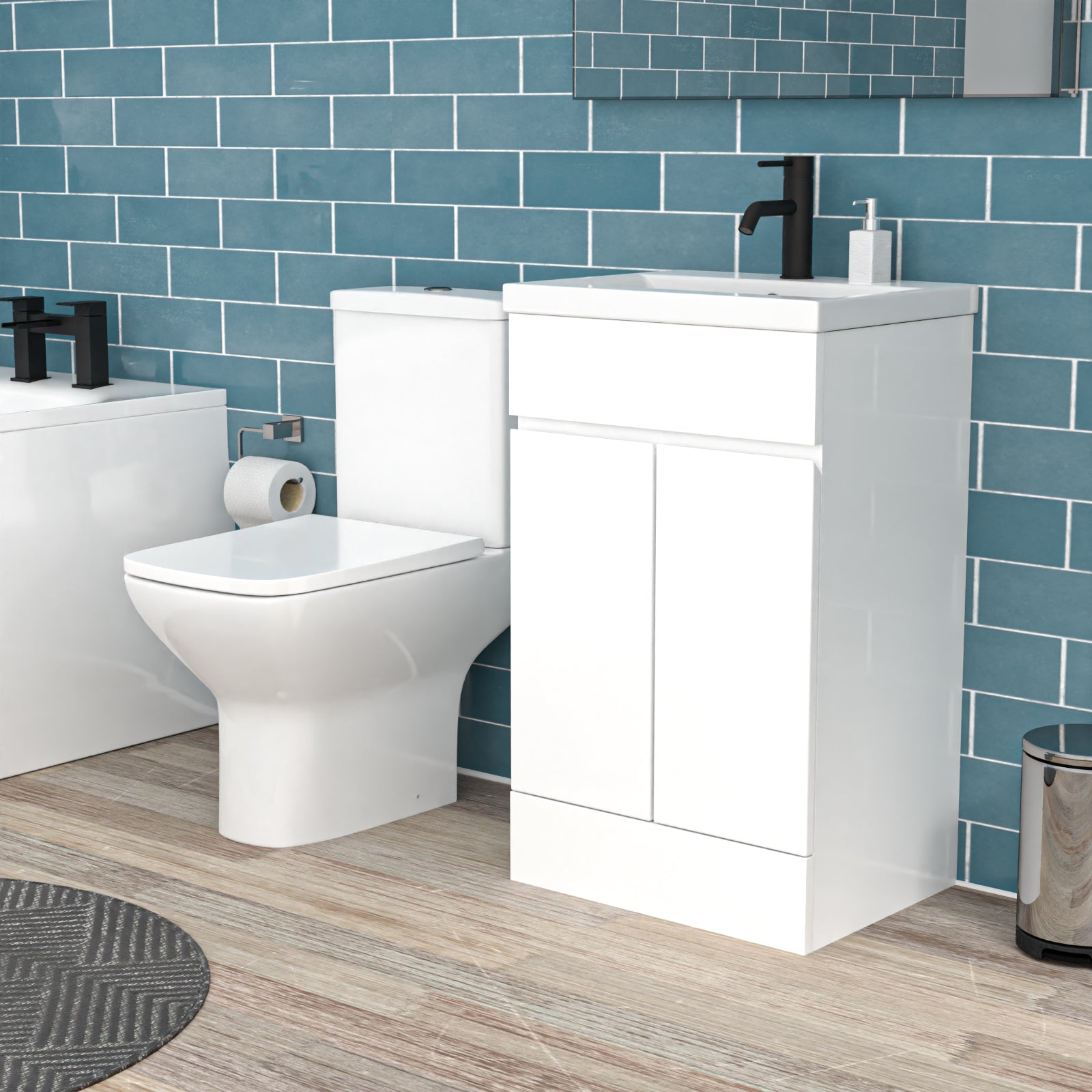 Alaska 1700mm Round Bath,500mm Freestanding Basin Vanity, Rimless Close Coupled Toilet White