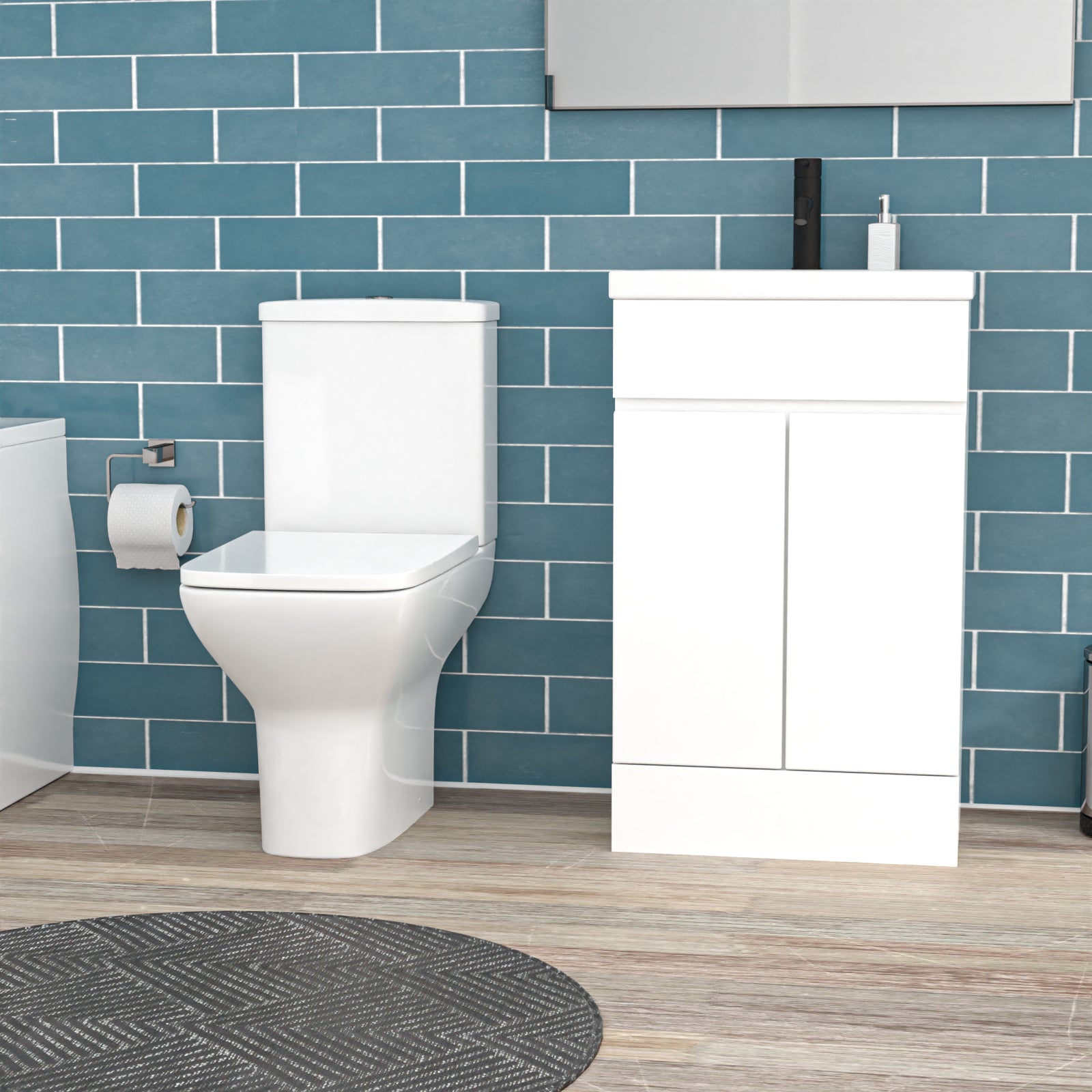 Alaska 1700mm Round Bath,500mm Freestanding Basin Vanity, Rimless Close Coupled Toilet White