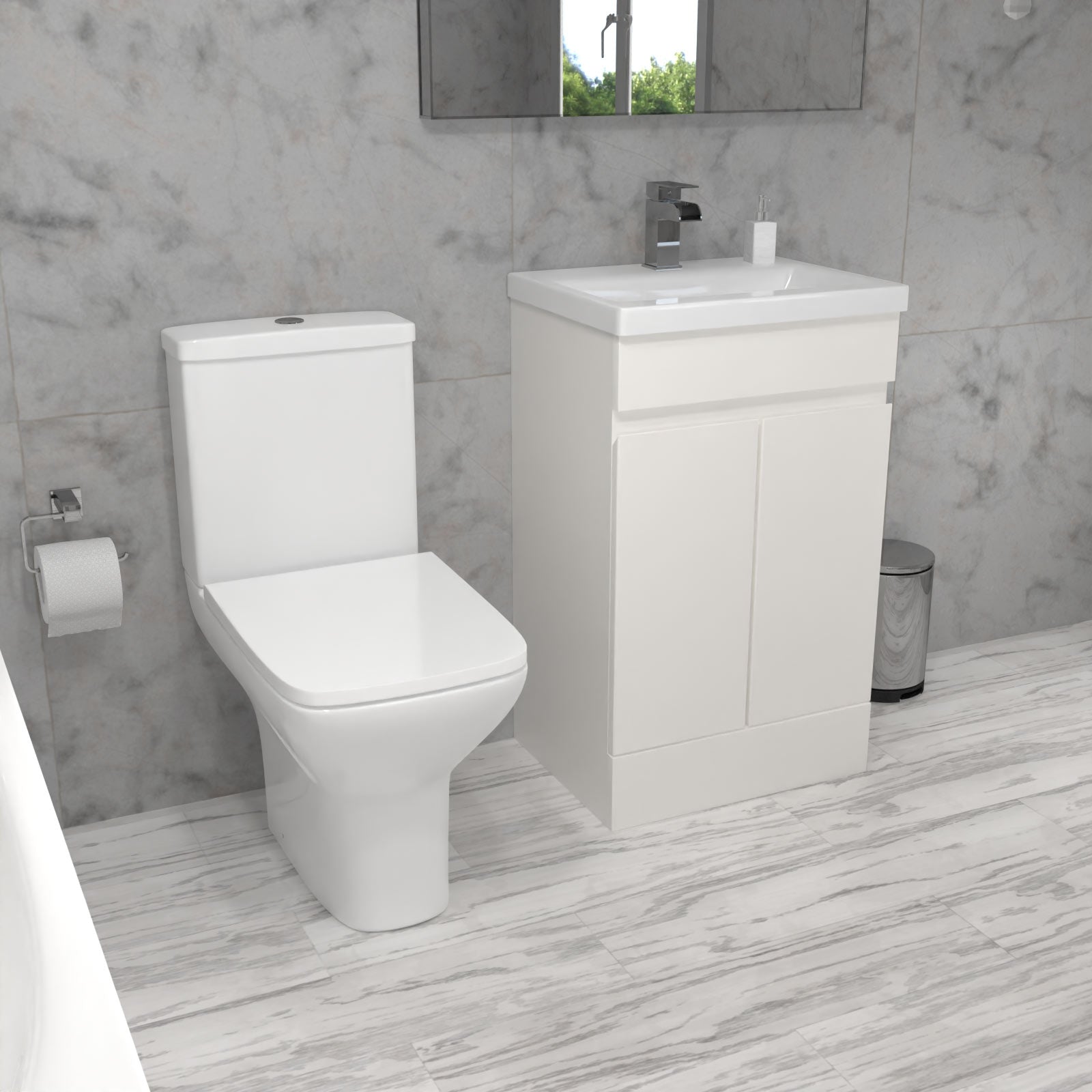 Alaska 1700mm Round Bath,500mm Freestanding Basin Vanity, Rimless Close Coupled Toilet White