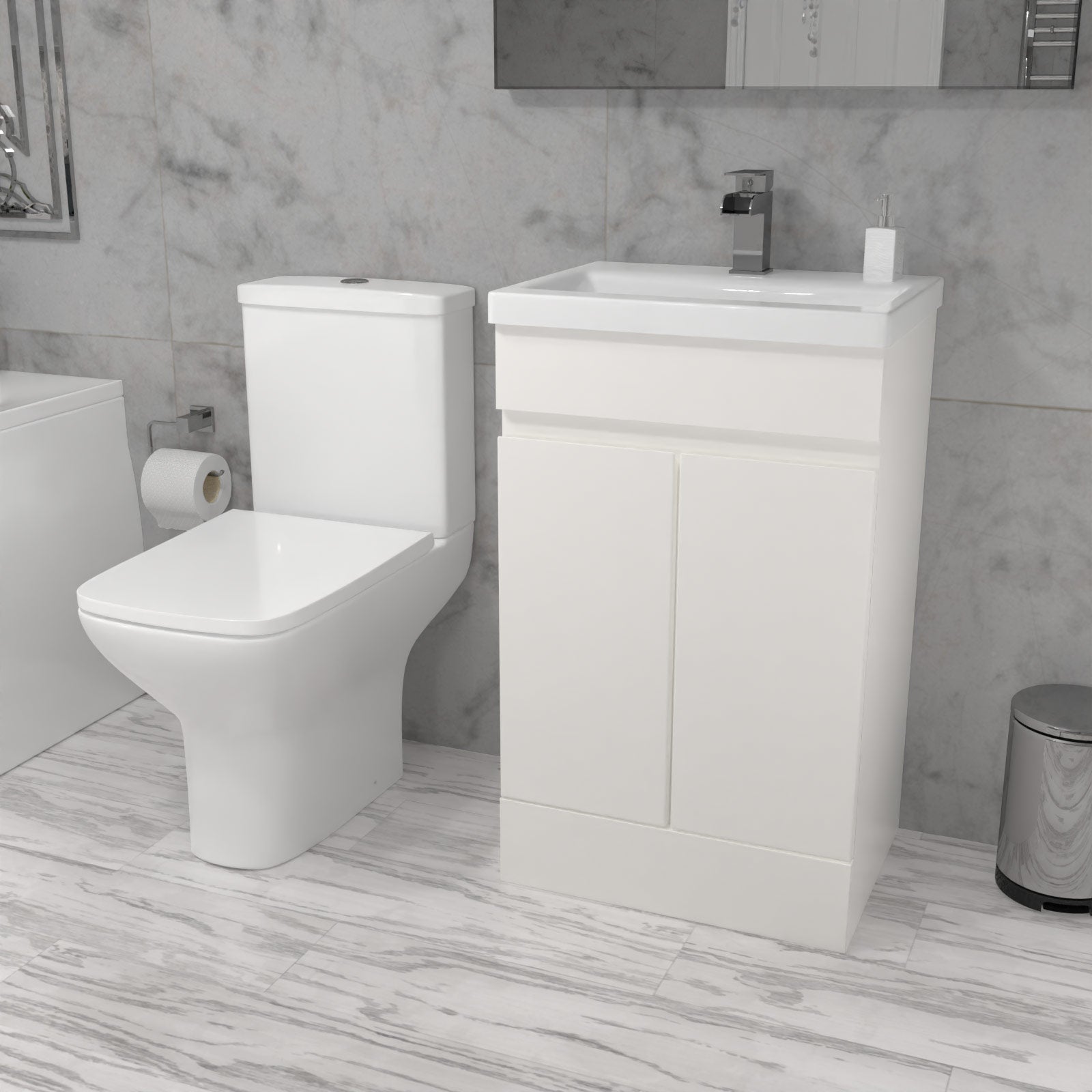 Alaska 1700mm Round Bath,500mm Freestanding Basin Vanity, Rimless Close Coupled Toilet White