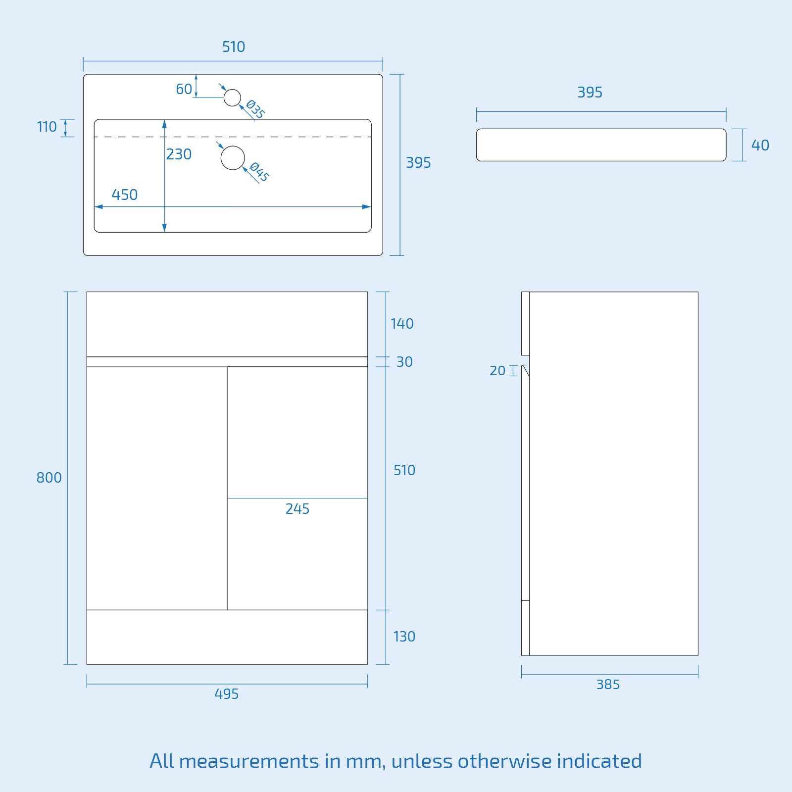 Alaska White Floor Standing 500mm Vanity Unit 2 Door with WC Unit & BTW Toilet