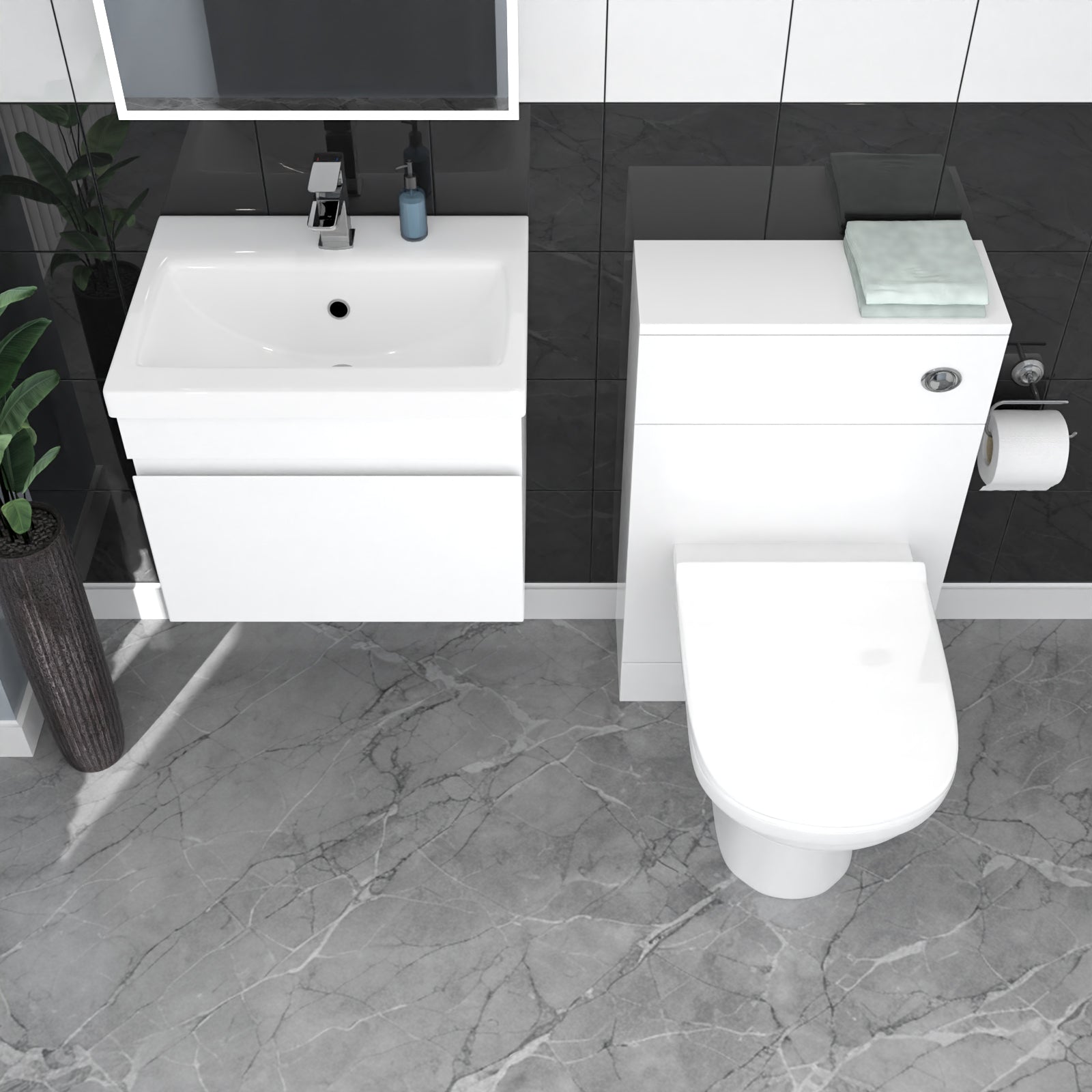 Alaska White Wall Hung 500mm Vanity Unit 1 Drawer with WC Unit & BTW Toilet