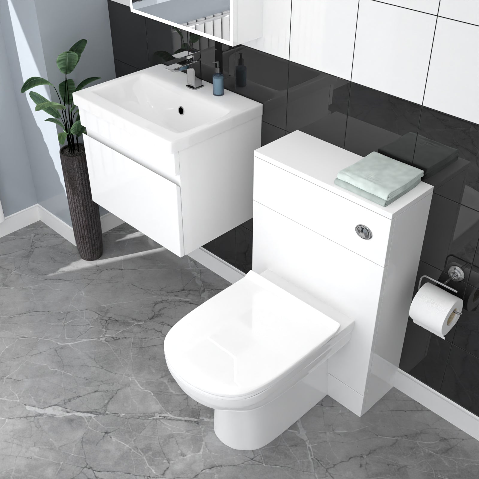 Alaska White Wall Hung 500mm Vanity Unit 1 Drawer with WC Unit & BTW Toilet