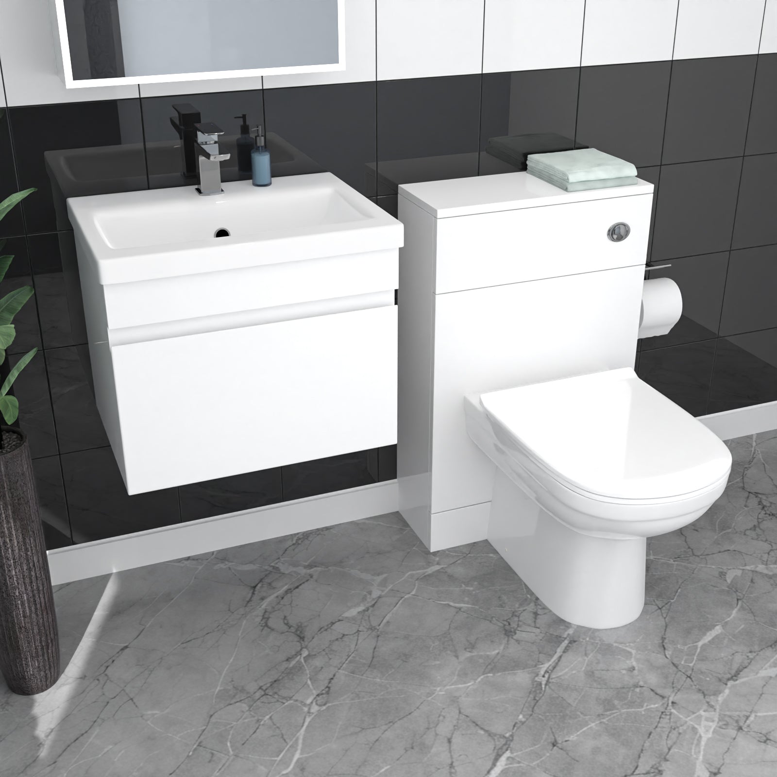 Alaska White Wall Hung 500mm Vanity Unit 1 Drawer with WC Unit & BTW Toilet