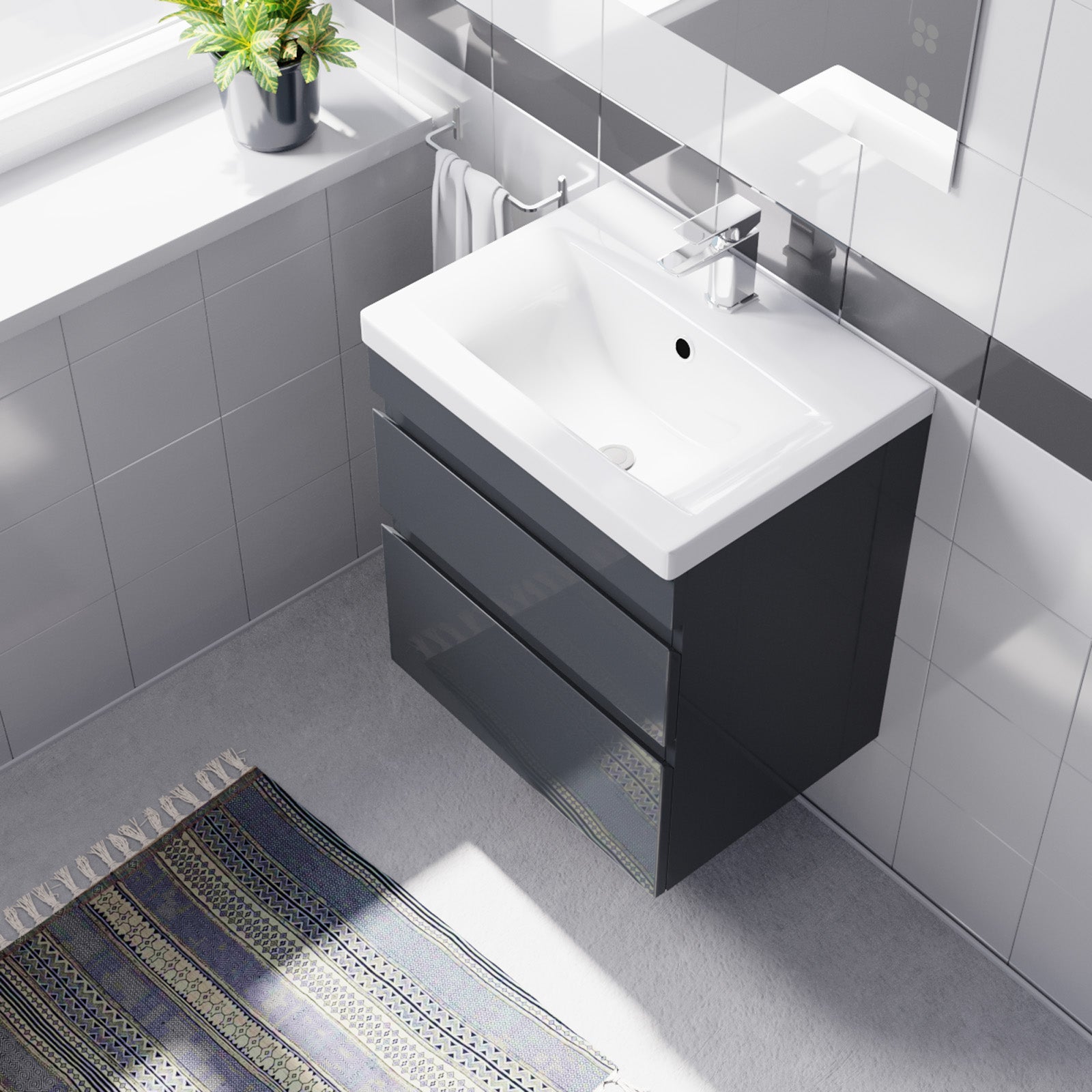 500mm Wall Hung Vanity with Basin 2 Drawers Handless in Anthracite