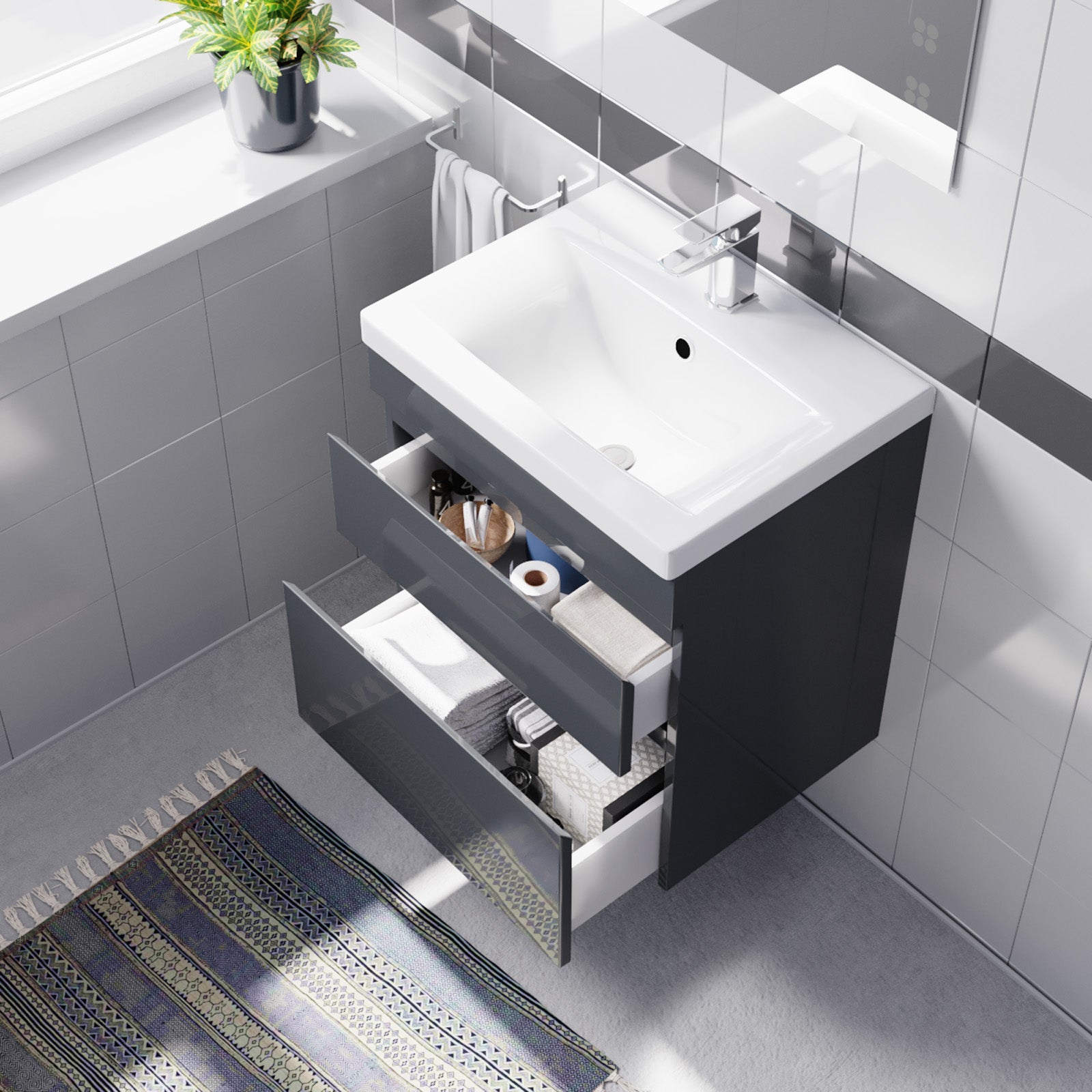 500mm Wall Hung Vanity with Basin 2 Drawers Handless in Anthracite