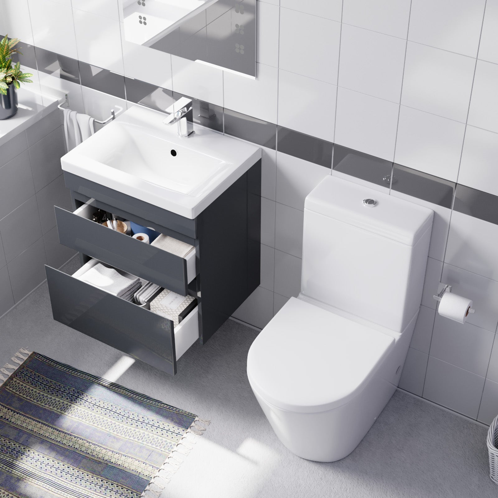 Alaska 500mm Wall Hung Basin 2 Drawers Handless with basin & Toilet