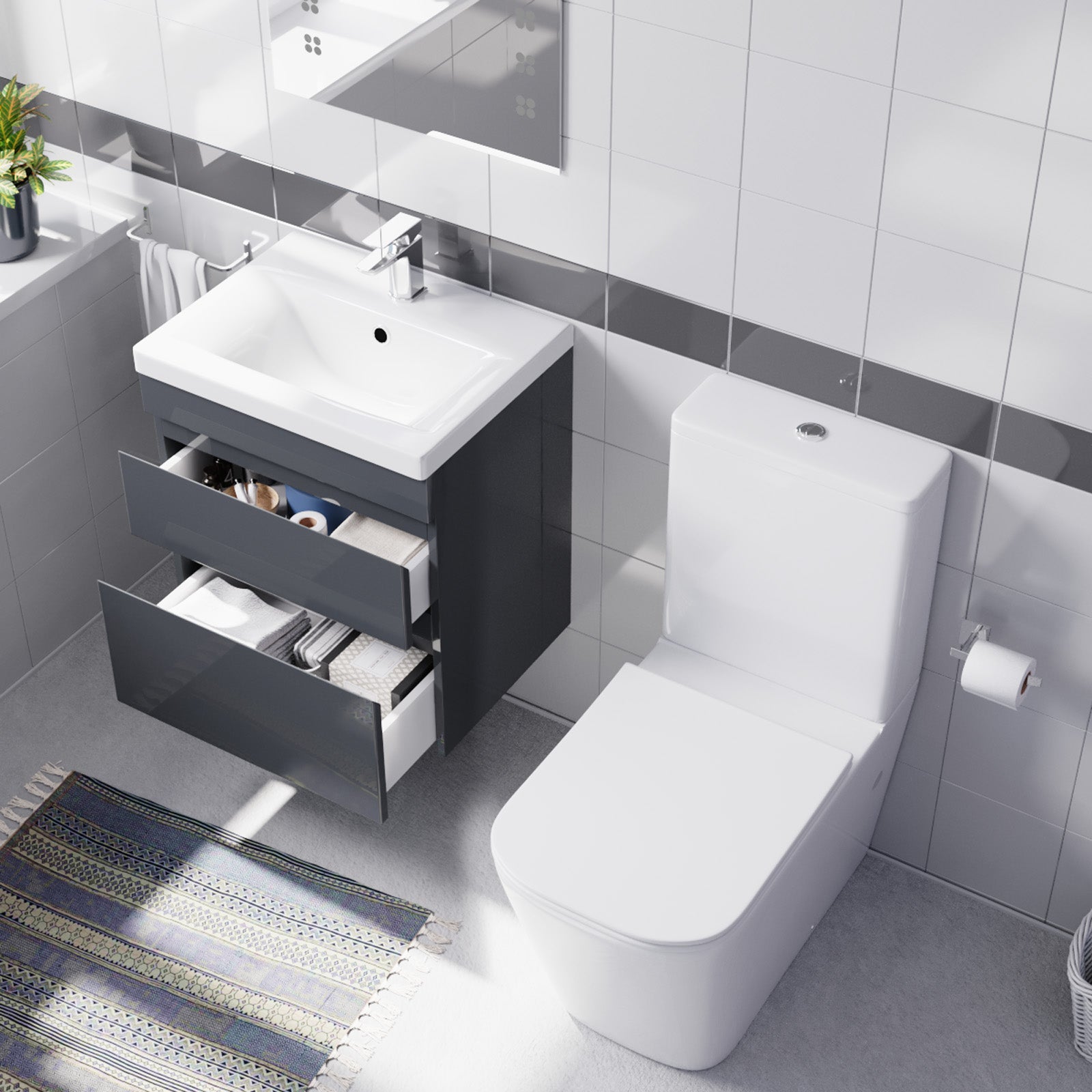 Alaska 500mm Wall Hung Drawers Vanity with basin & Close Coupled Toilet
