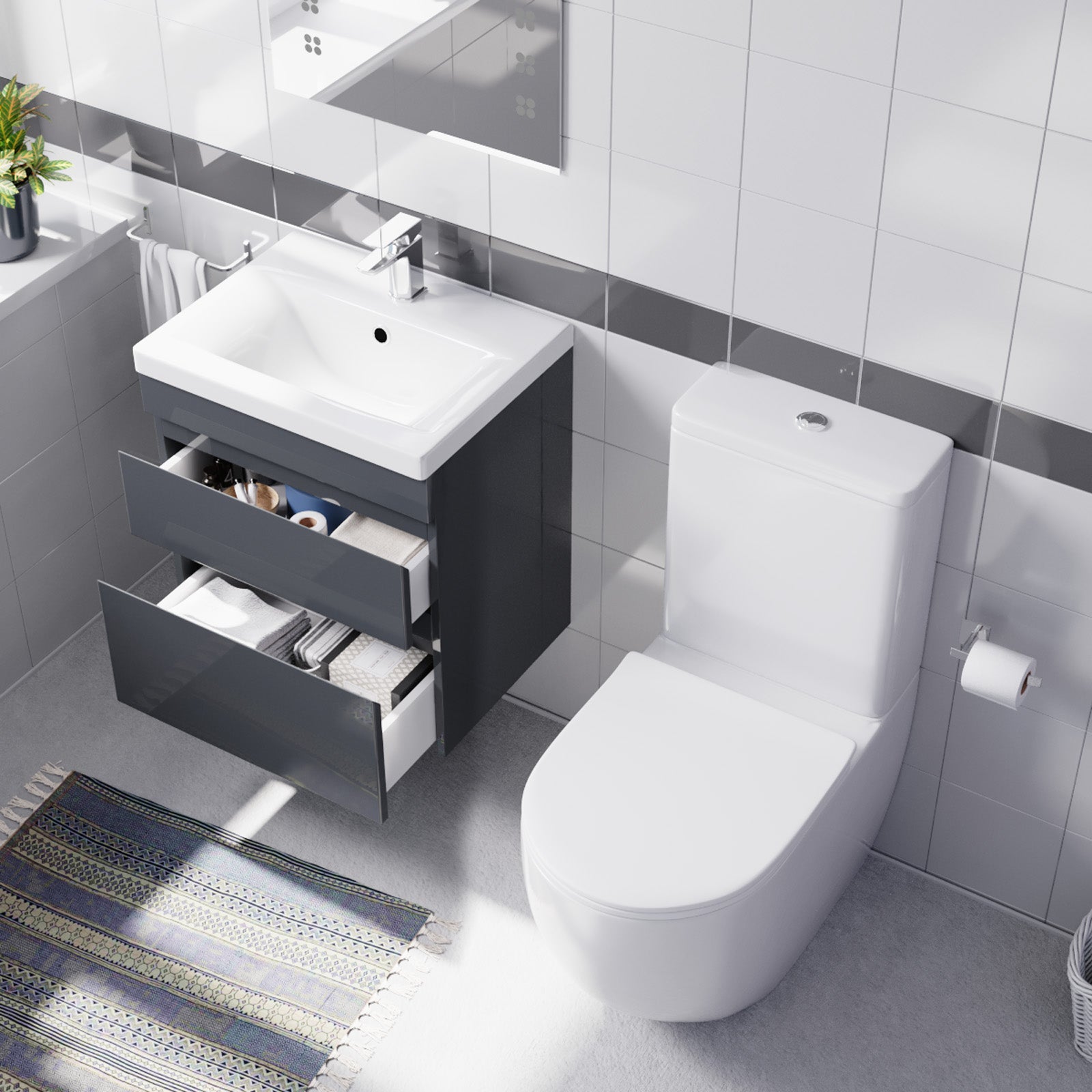 Alaska 500mm Wall Hung Drawers Basin with Close Coupled Toilet