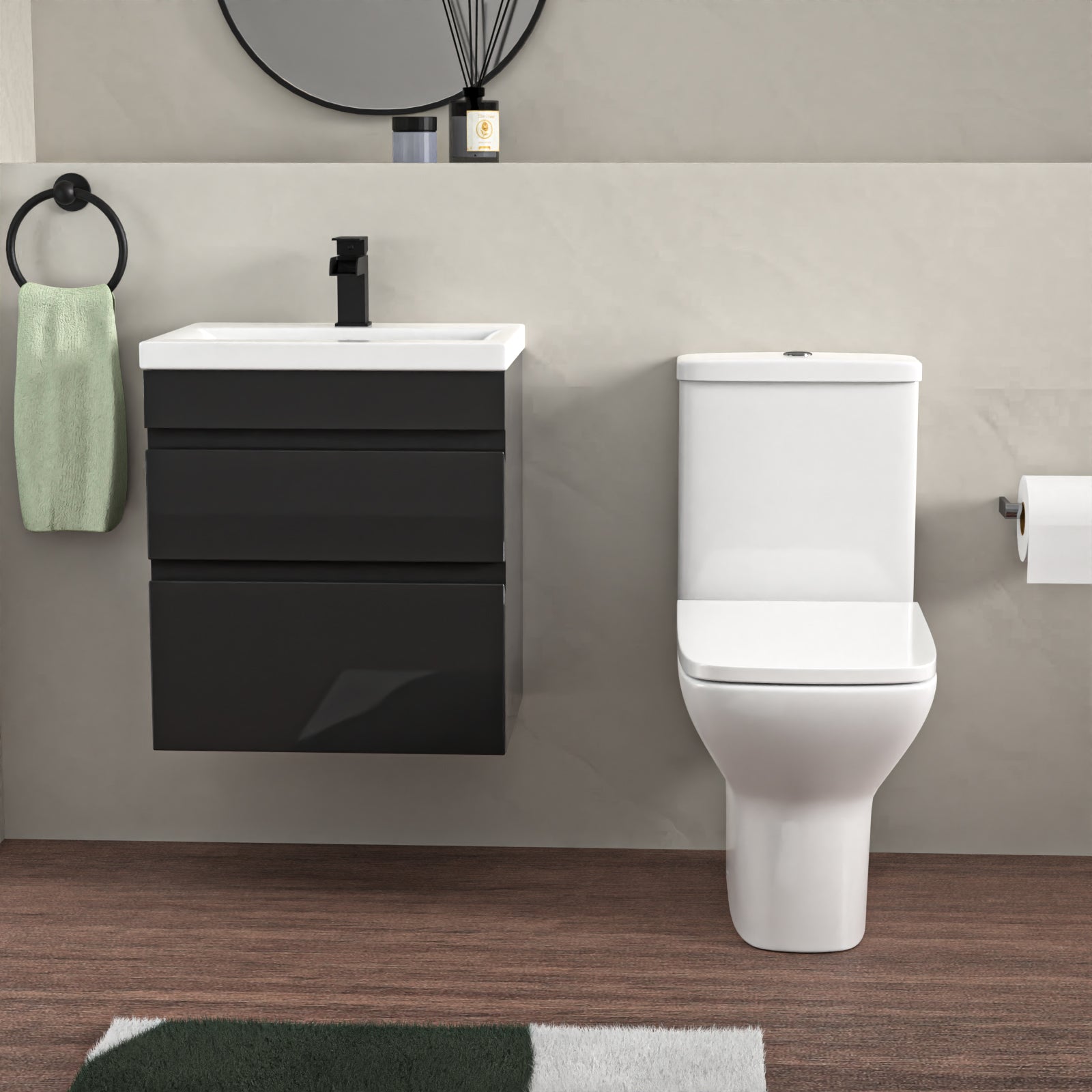 Alaska 500mm Wall Hung Vanity Drawers Handless Anthracite with Basin & Toilet