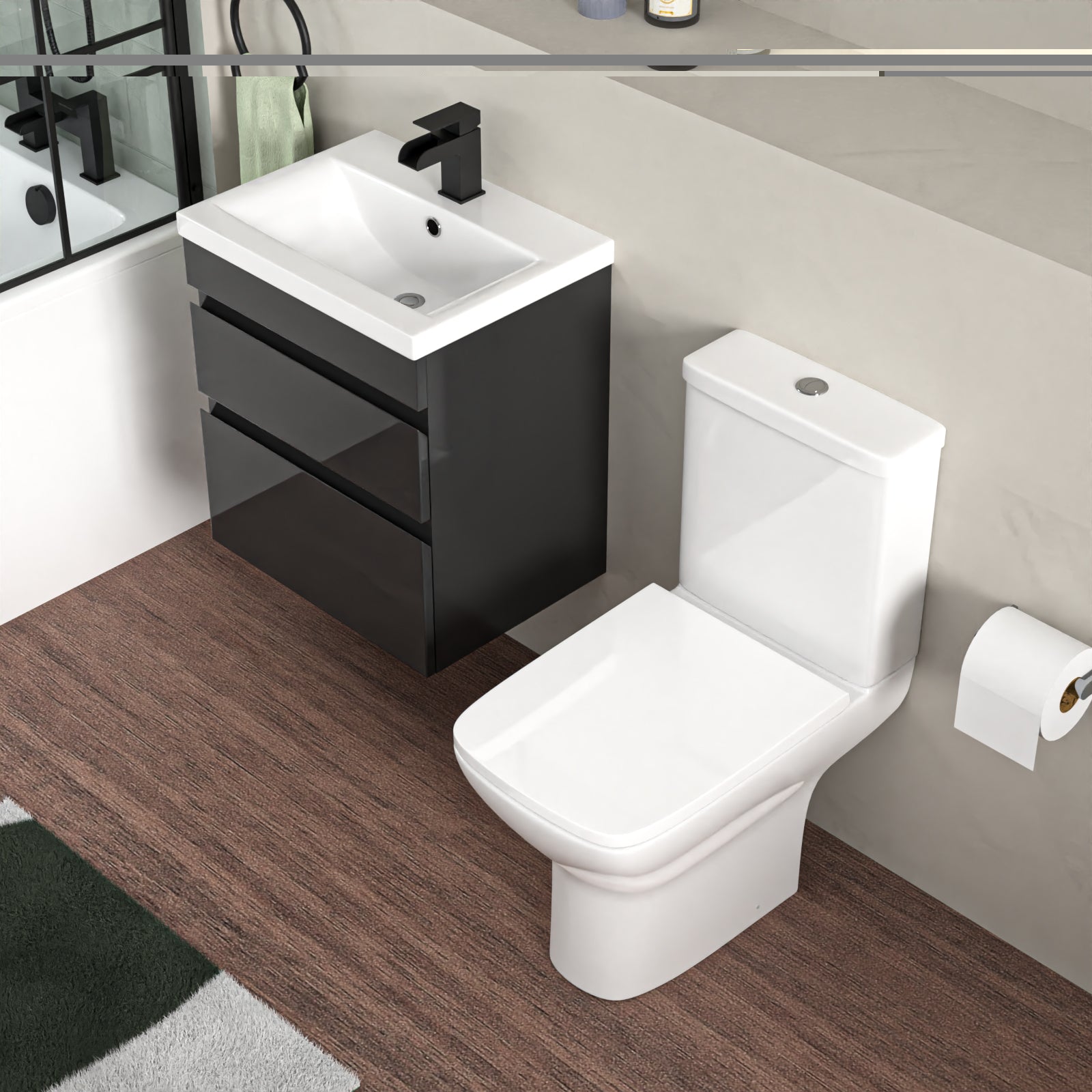 Alaska 500mm Wall Hung Vanity Drawers Handless Anthracite with Basin & Toilet