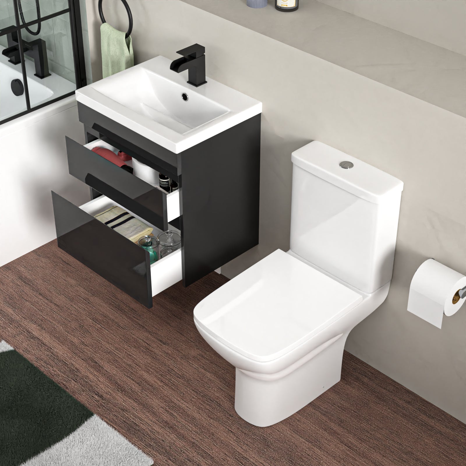 Alaska 500mm Wall Hung Vanity Drawers Handless Anthracite with Basin & Toilet