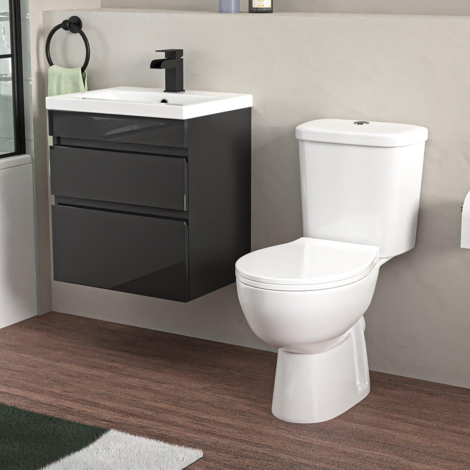 Alaska 500mm Wall Hung Vanity 2 Drawers Handless Anthracite with Toilet