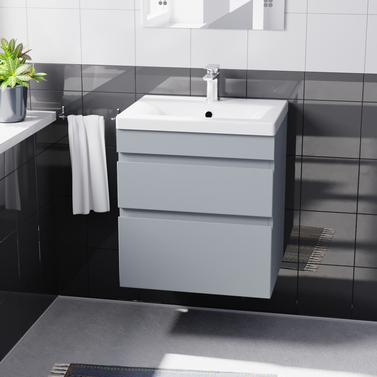 500mm Wall Hung Vanity with Basin 2 Drawers Handless in Matte Grey