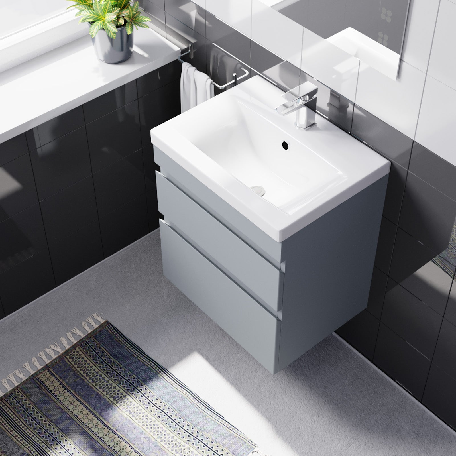 500mm Wall Hung Vanity with Basin 2 Drawers Handless in Matte Grey