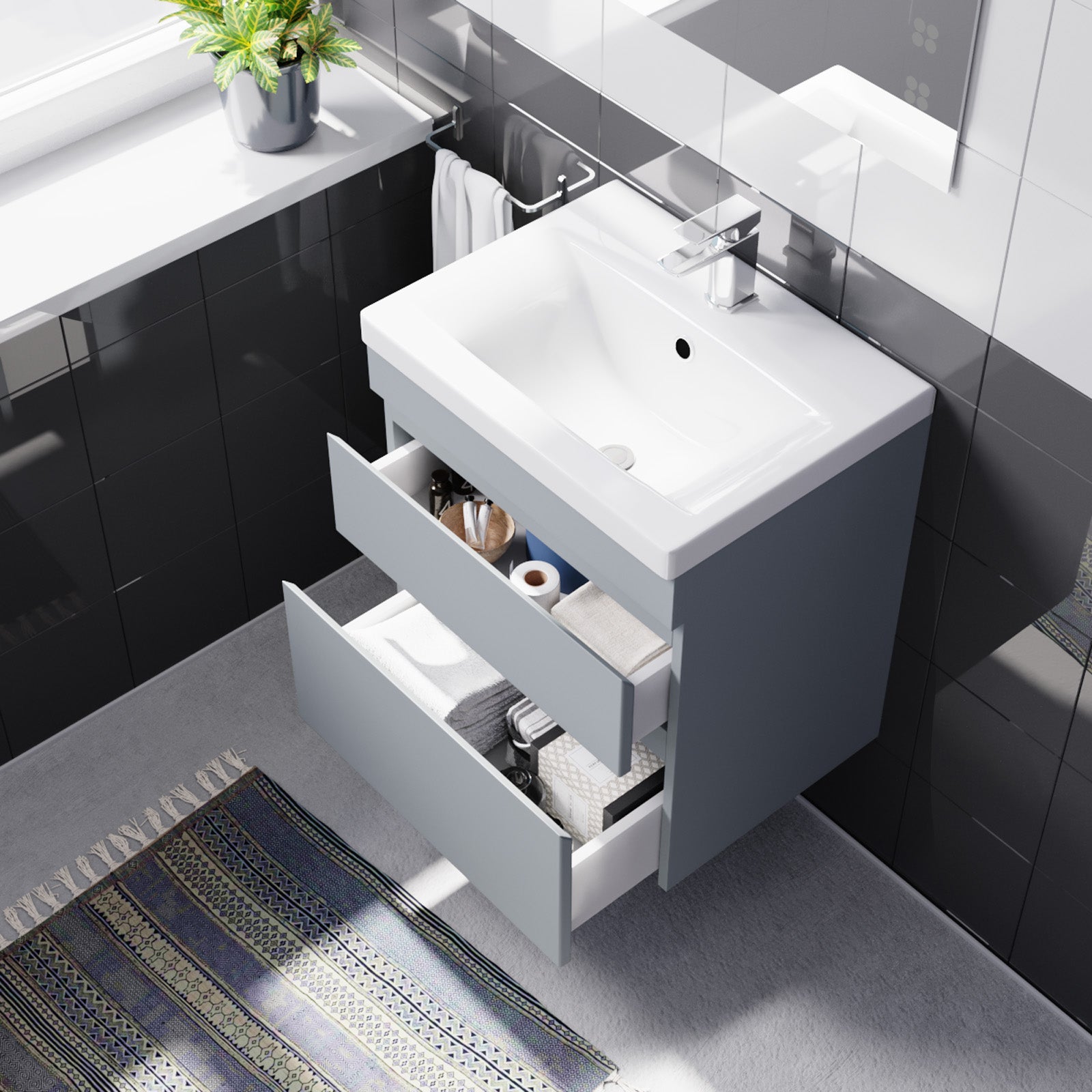 500mm Wall Hung Vanity with Basin 2 Drawers Handless in Matte Grey