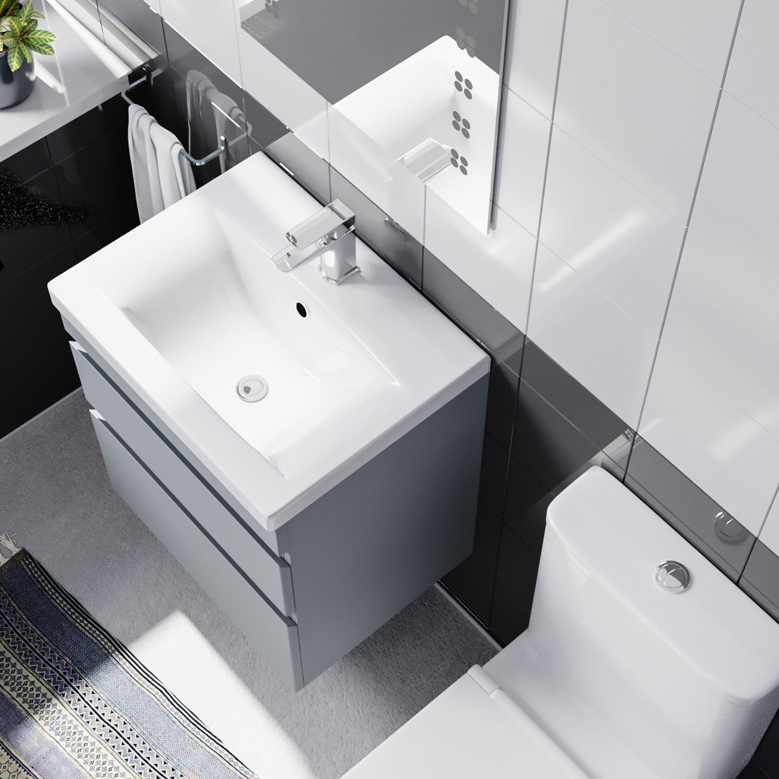 Alaska 500mm Wall Hung Basin Unit 2 Drawers Matt Grey with Basin Toilet