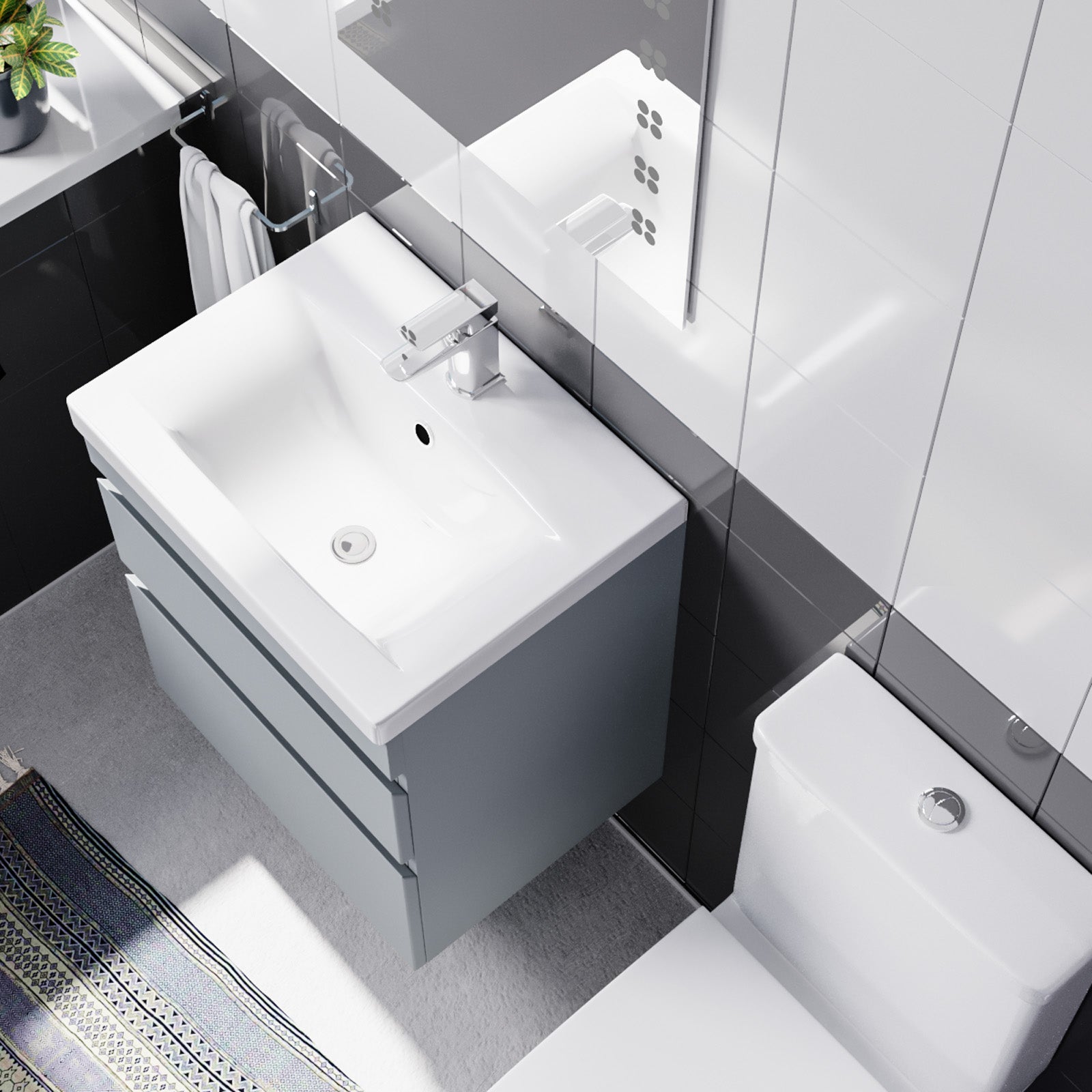 Alaska 500mm Wall Hung Vanity Drawers Handless Matt Grey with Basin & Toilet