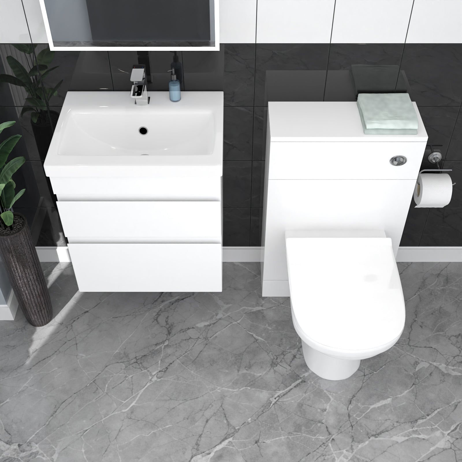 White Wall Hung 500mm Vanity Unit 2 Drawer with WC Unit & BTW Toilet