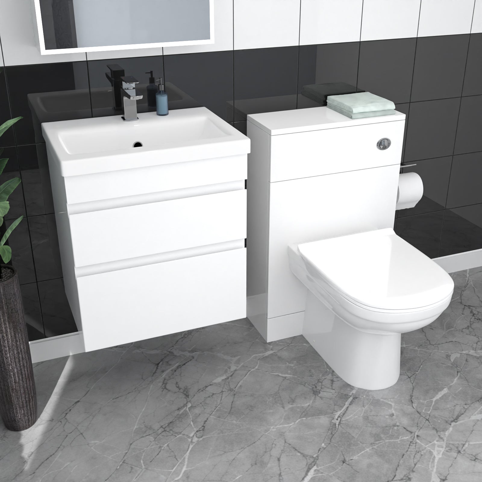 White Wall Hung 500mm Vanity Unit 2 Drawer with WC Unit & BTW Toilet