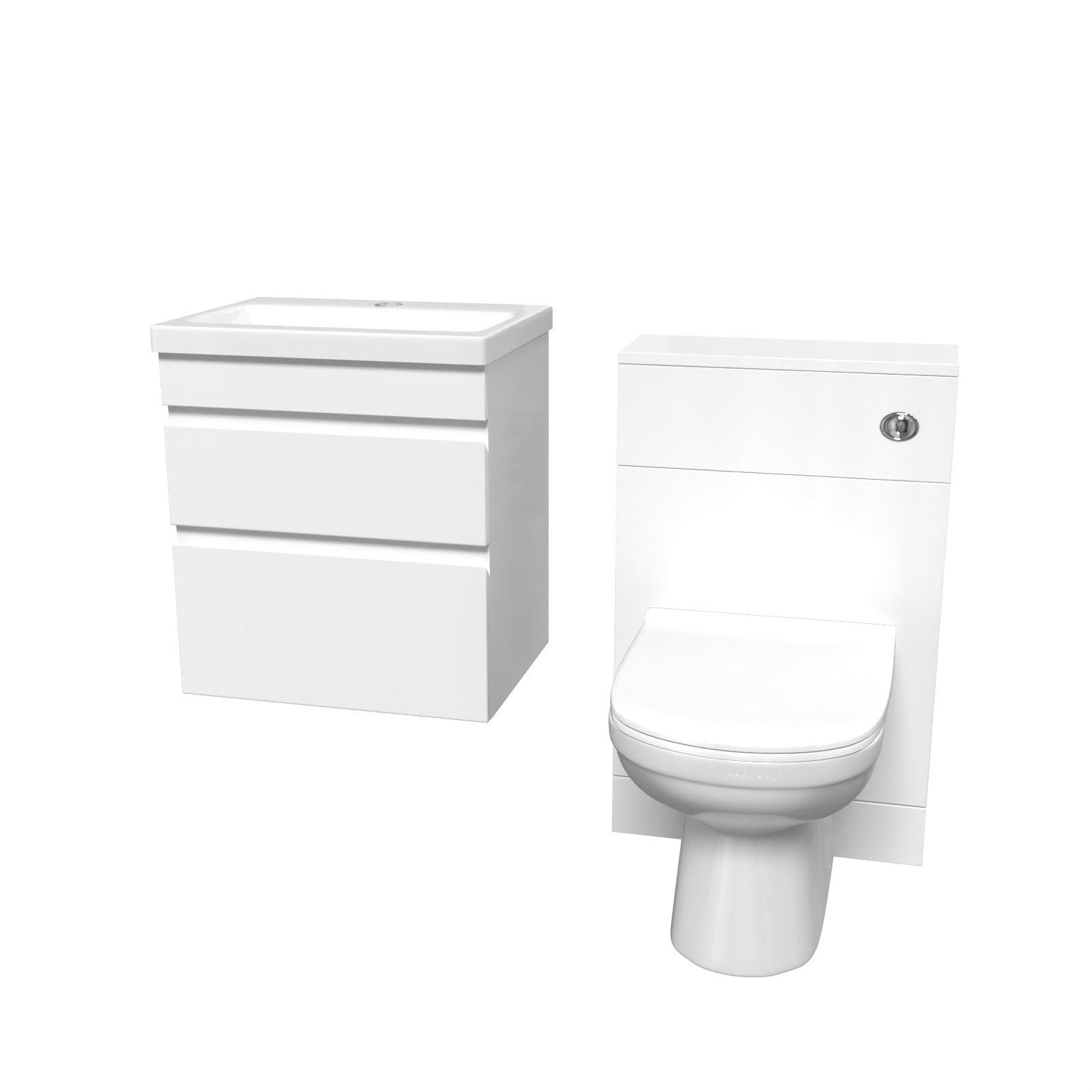 White Wall Hung 500mm Vanity Unit 2 Drawer with WC Unit & BTW Toilet