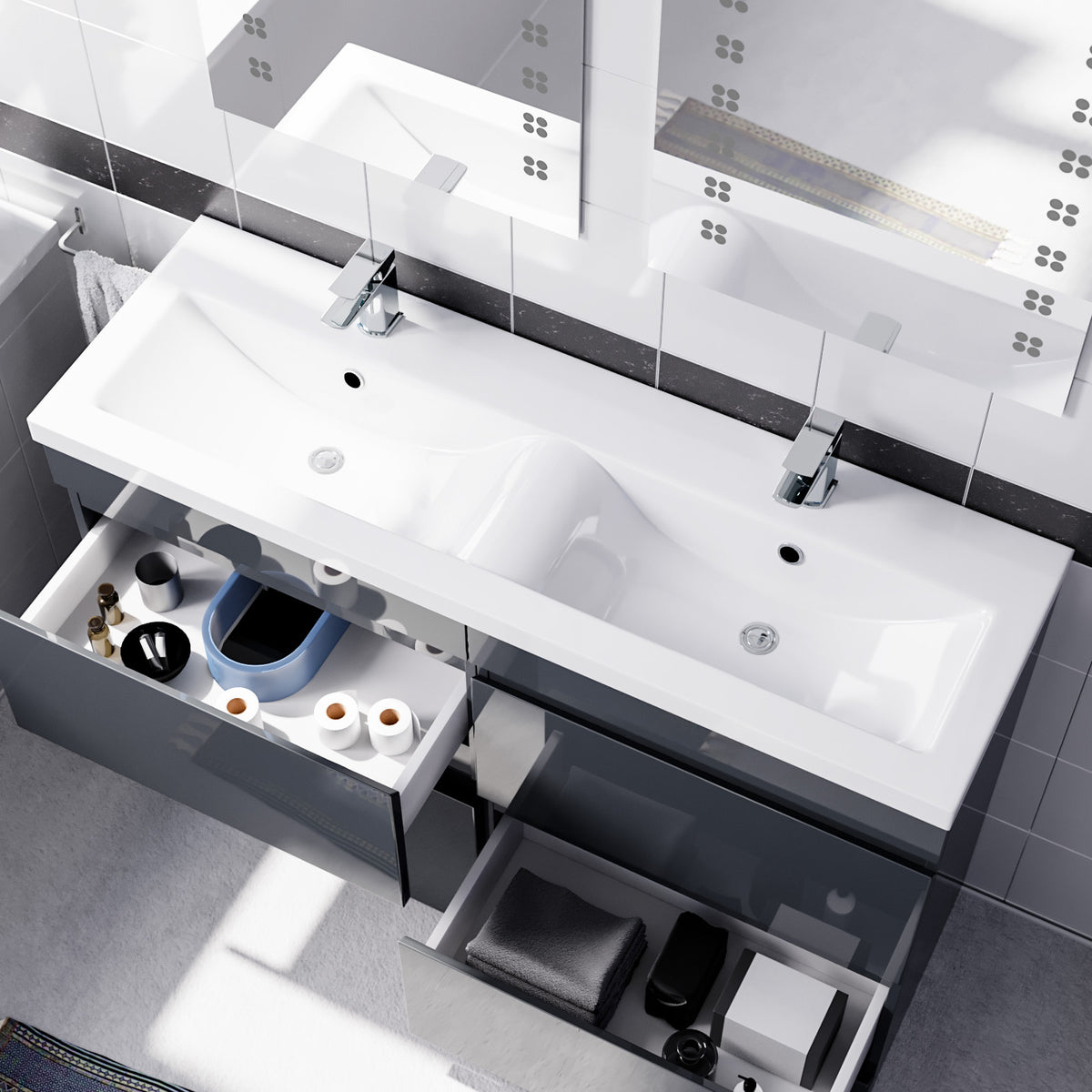 Set of 2 PVC Freestanding 600mm Vanity With Ceramic Mid Edge Twin Basin - Anthracite